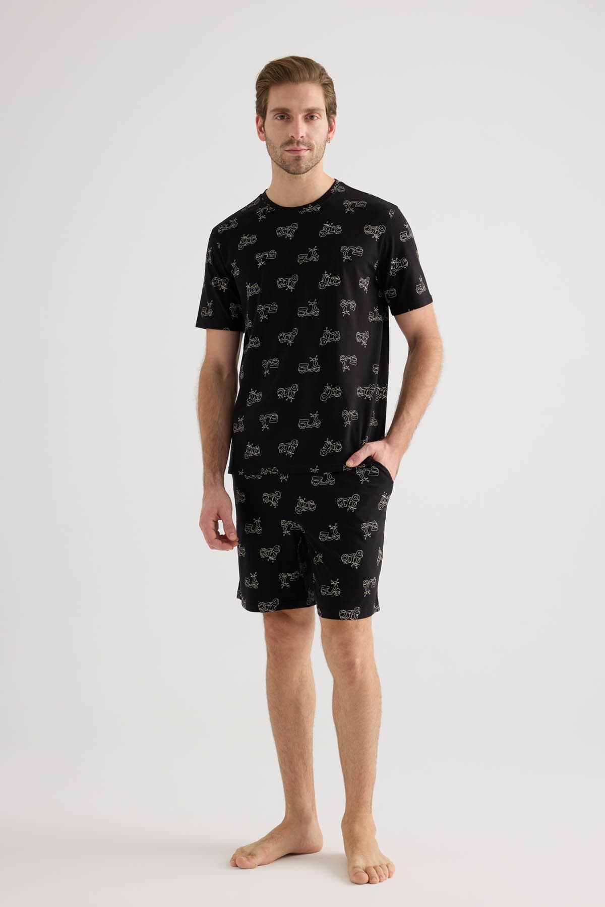Men's Black Printed Cotton Pajama Set — view 1