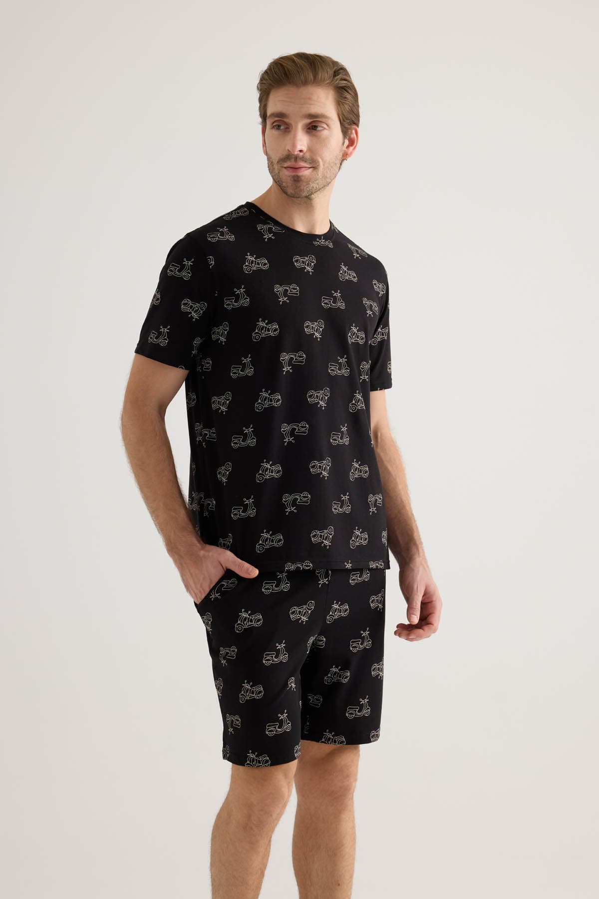 Men's Black Printed Cotton Pajama Set — view 3