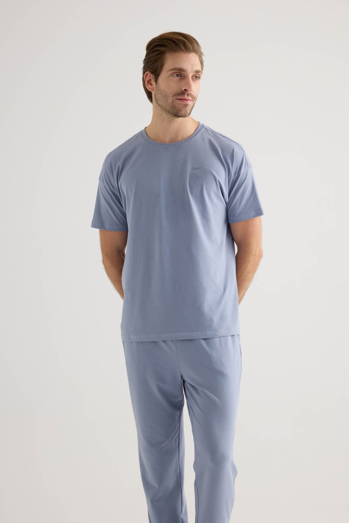 Men's Blue Cotton Pajama Set — view 3