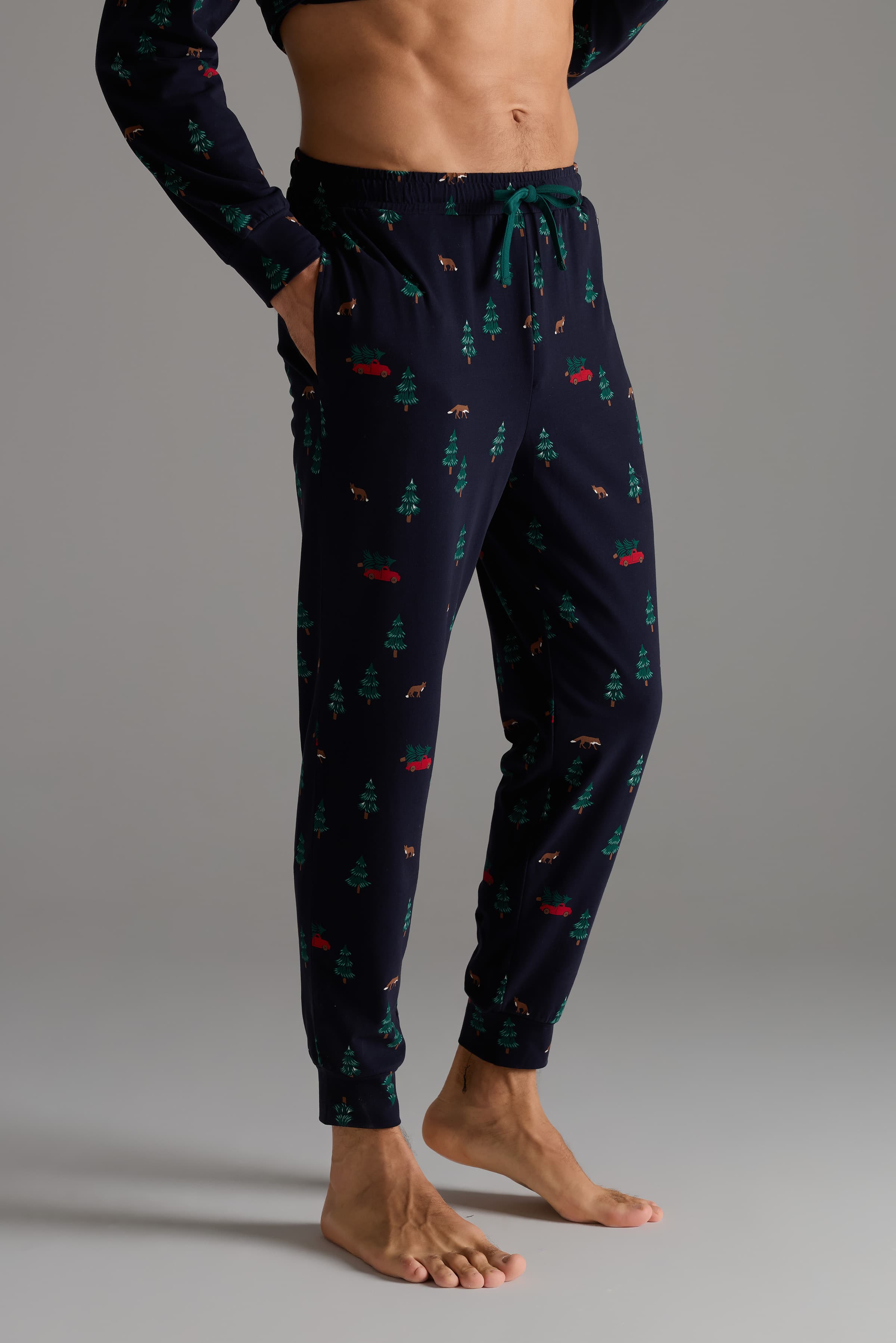 Men's Green Printed Cotton Pajama Set — view 4