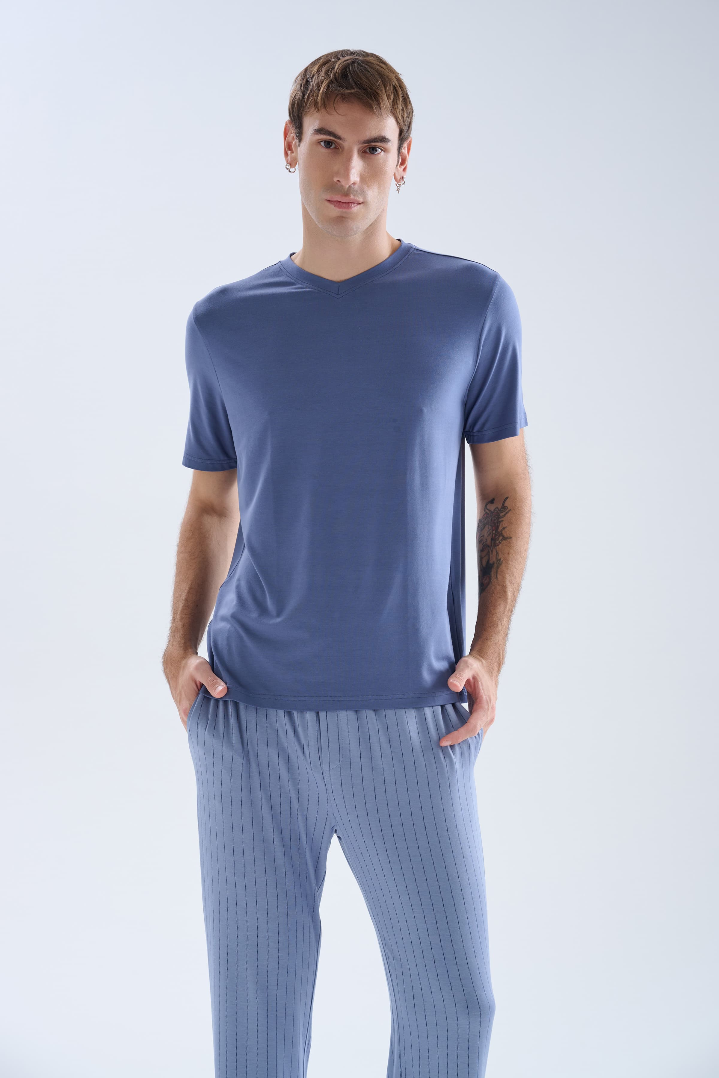 Men's Blue Viscose Pajama Set — view 4