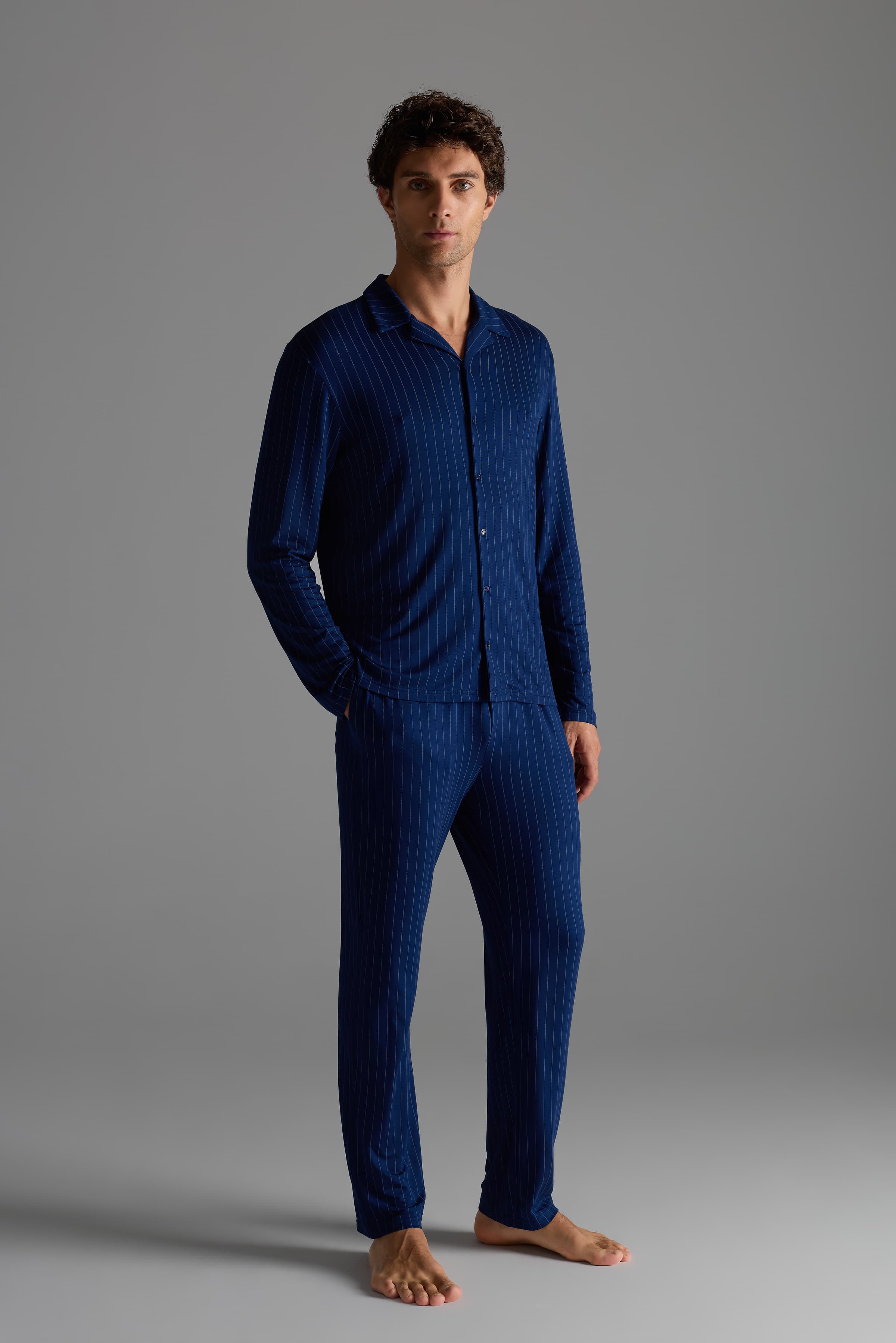 Men's Blue Striped Viscose Pajama Set — view 2