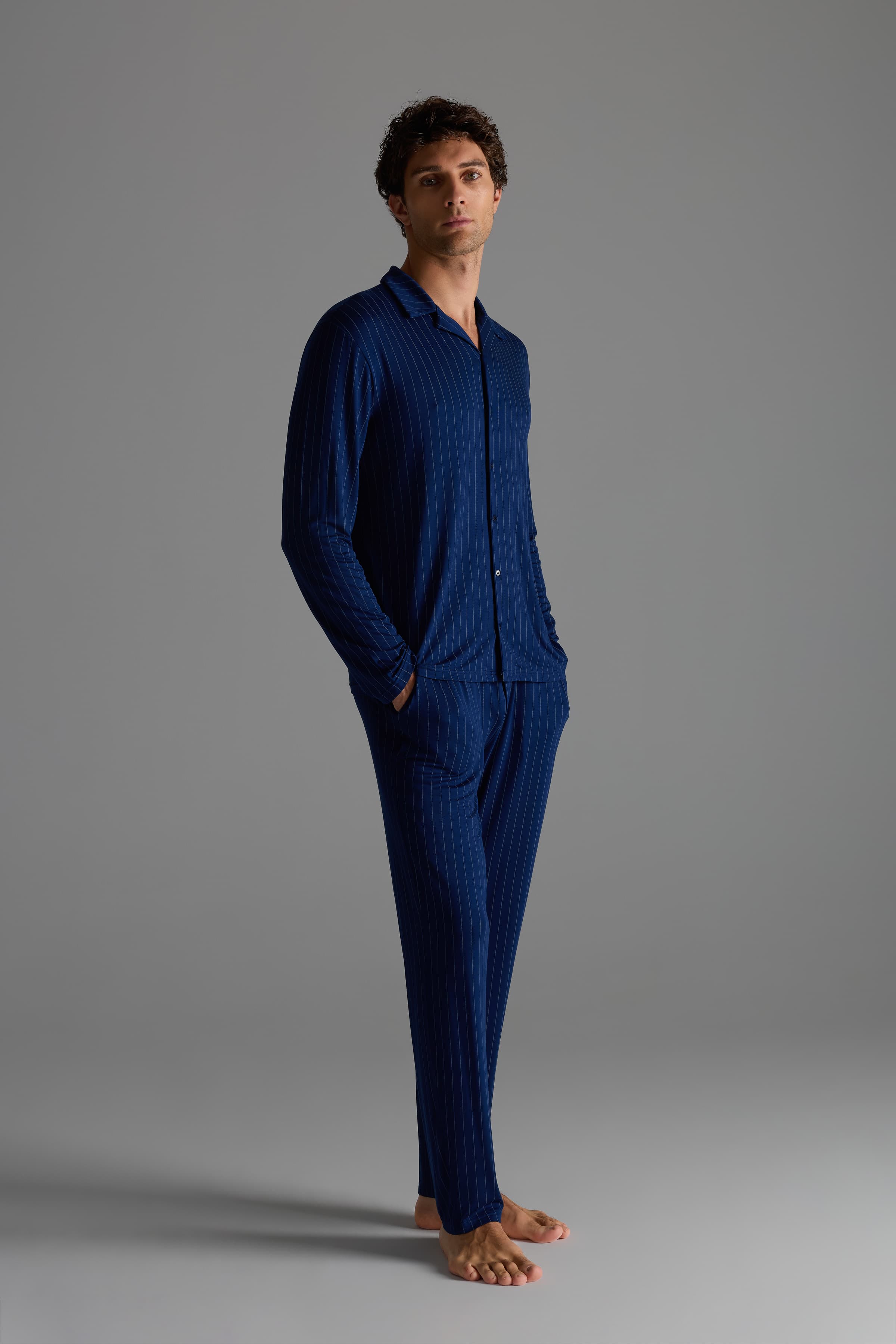 Men's Blue Striped Viscose Pajama Set — view 4