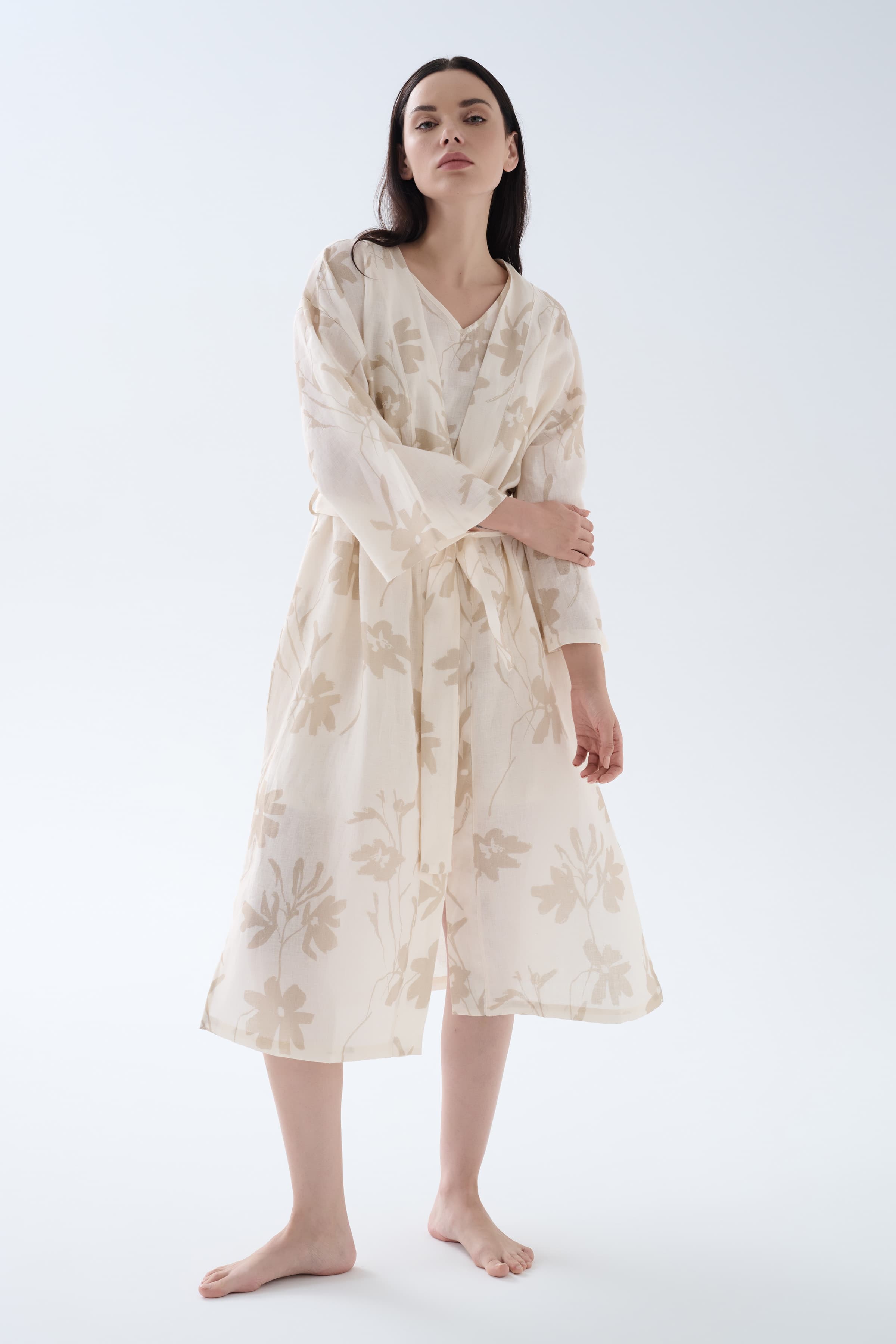 Women's Brown Floral Linen Robe — view 3