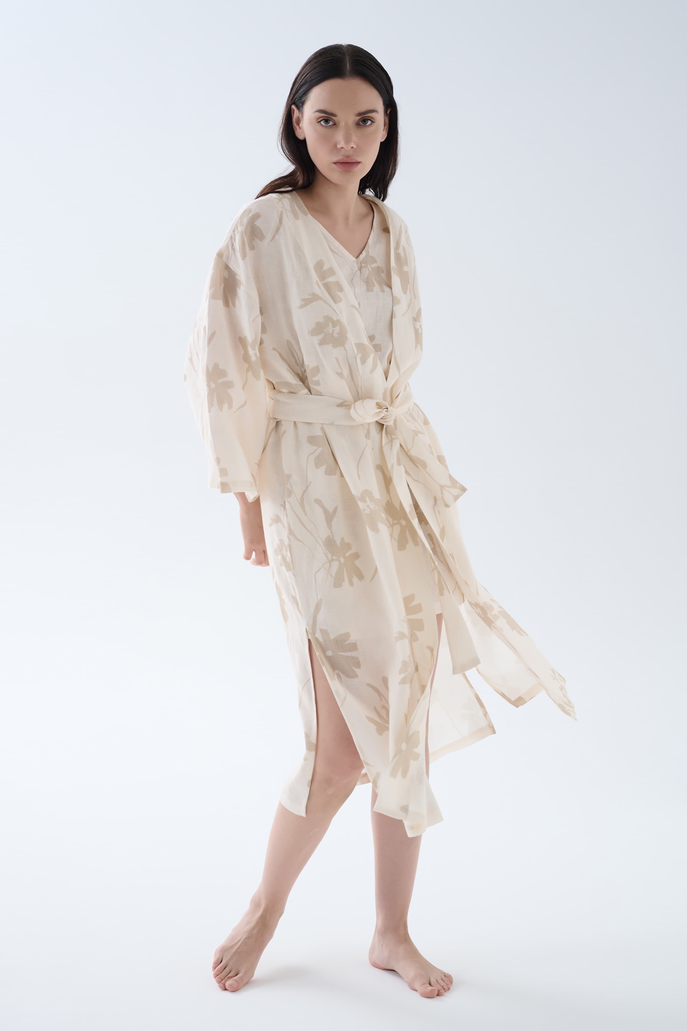 Women's Brown Floral Linen Robe — view 4