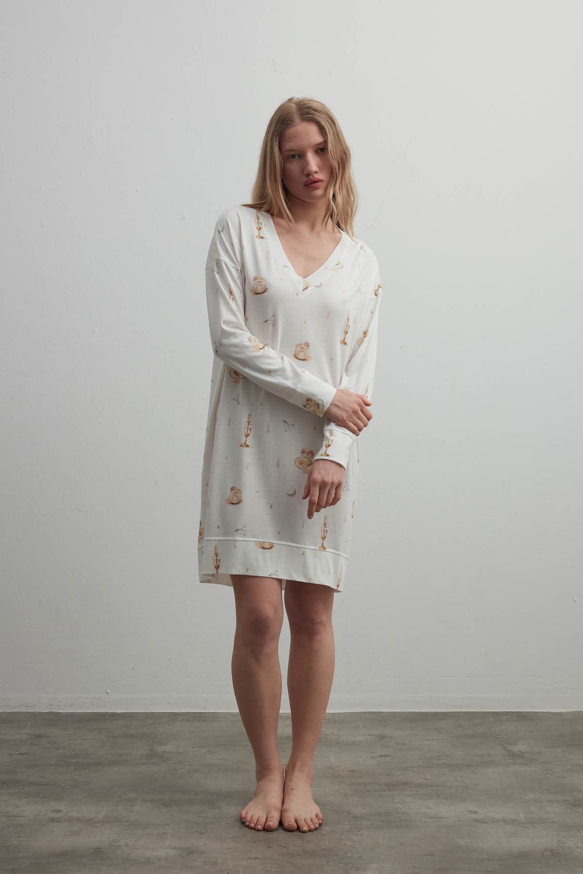 Women's Ecru Printed Modal Nightgown — view 1