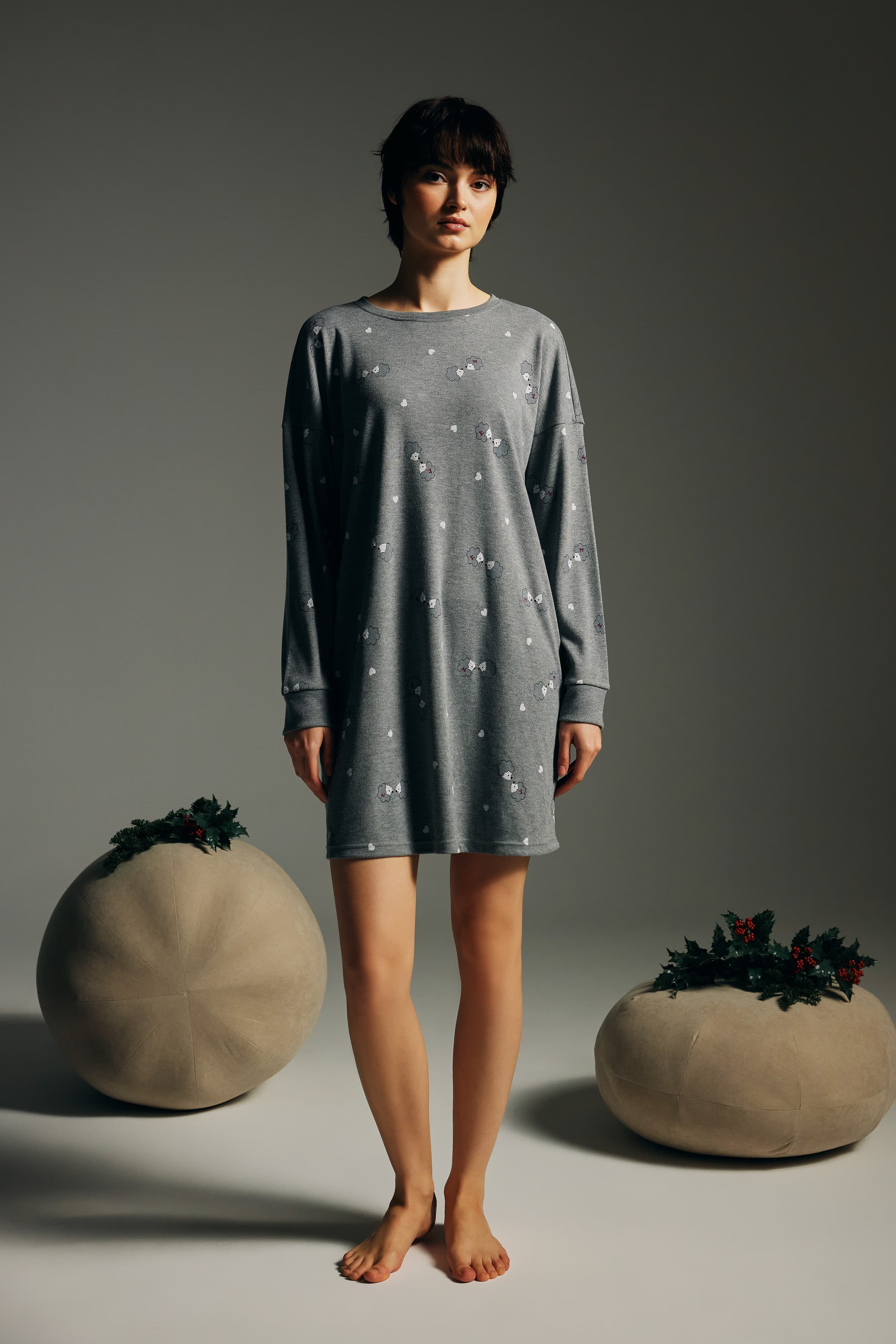 Women's Grey Printed Cotton Nightgown — view 1