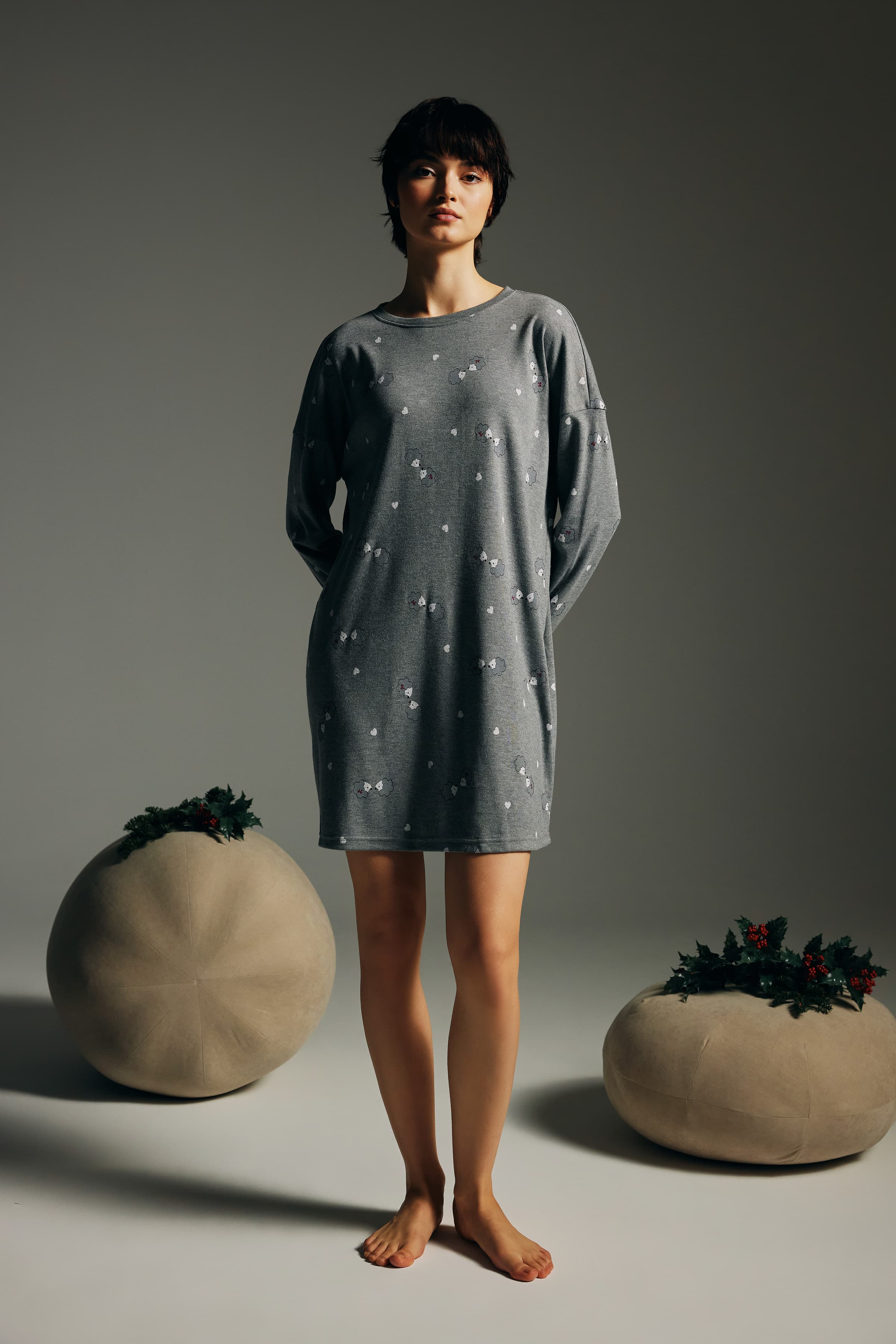 Women's Grey Printed Cotton Nightgown — view 2