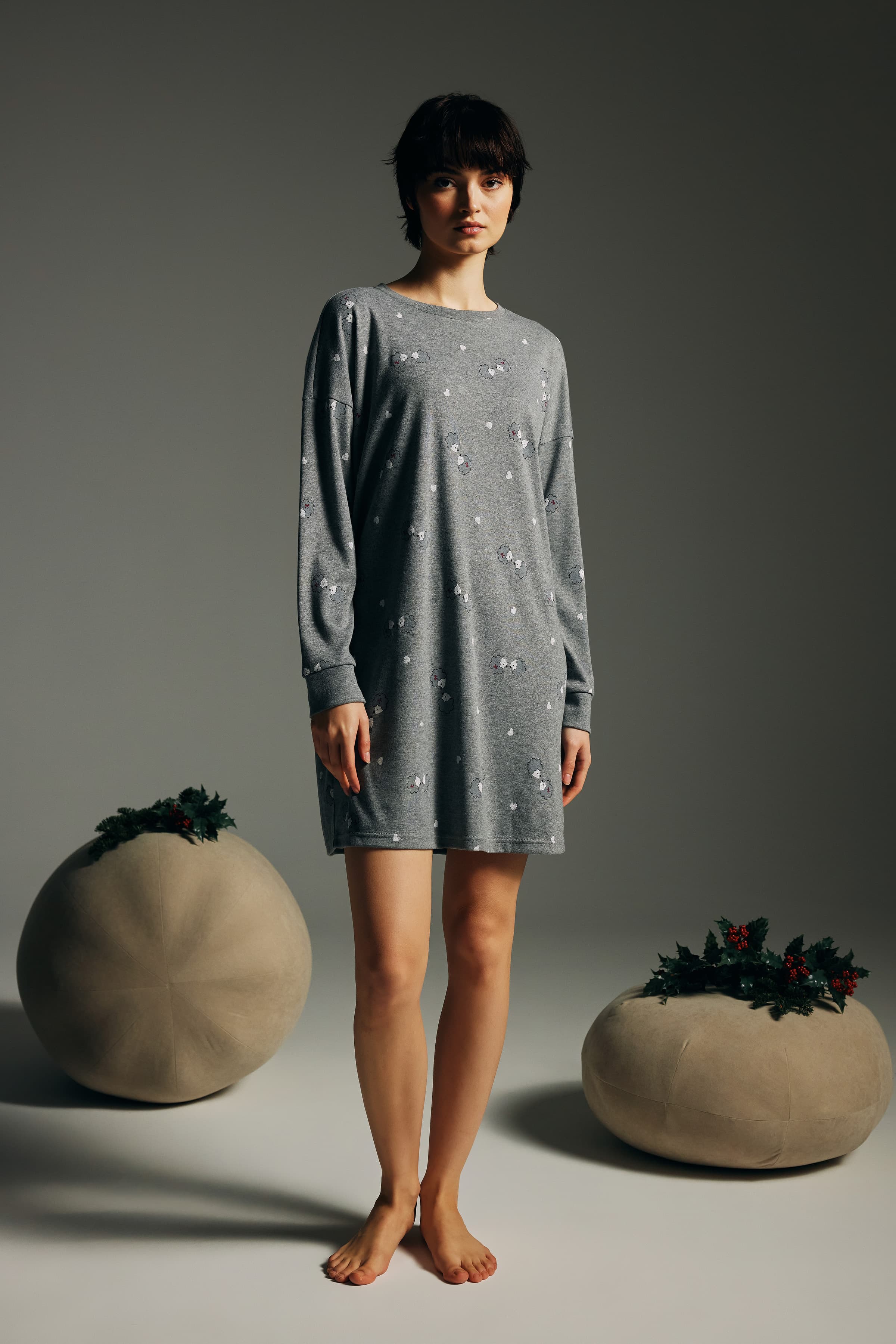 Women's Grey Printed Cotton Nightgown — view 3