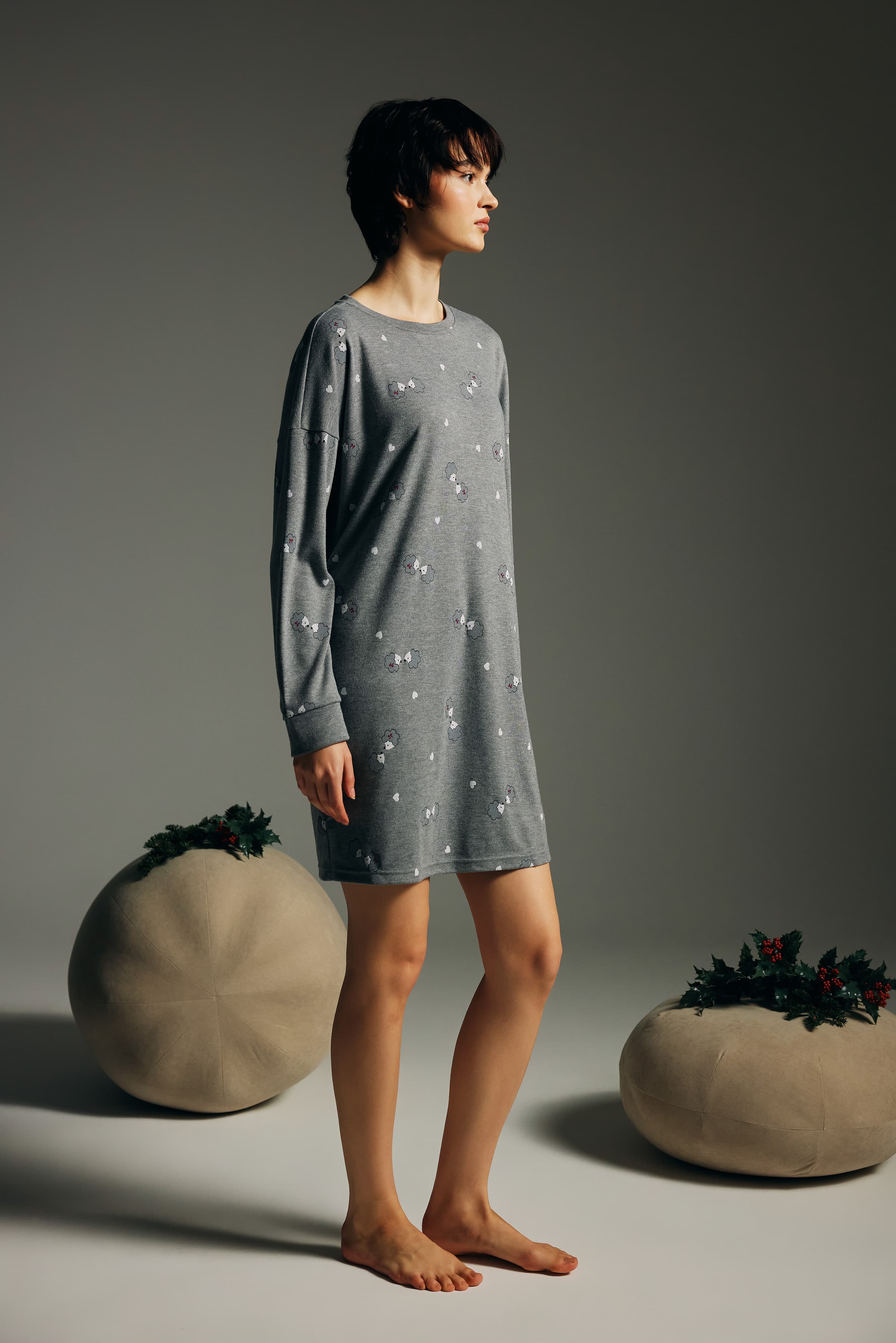 Women's Grey Printed Cotton Nightgown — view 4