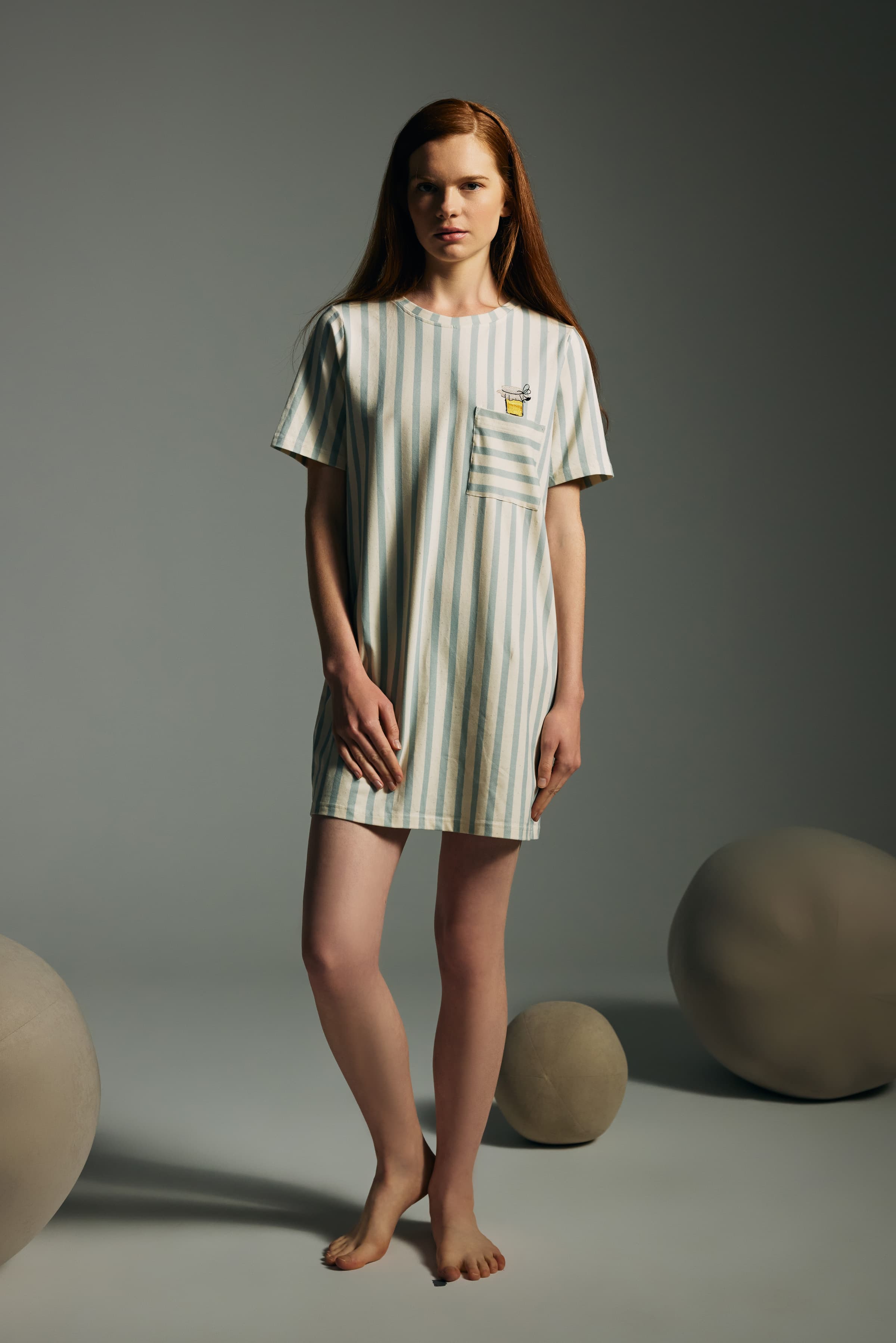 Women's Green Striped Cotton Nightgown — view 1