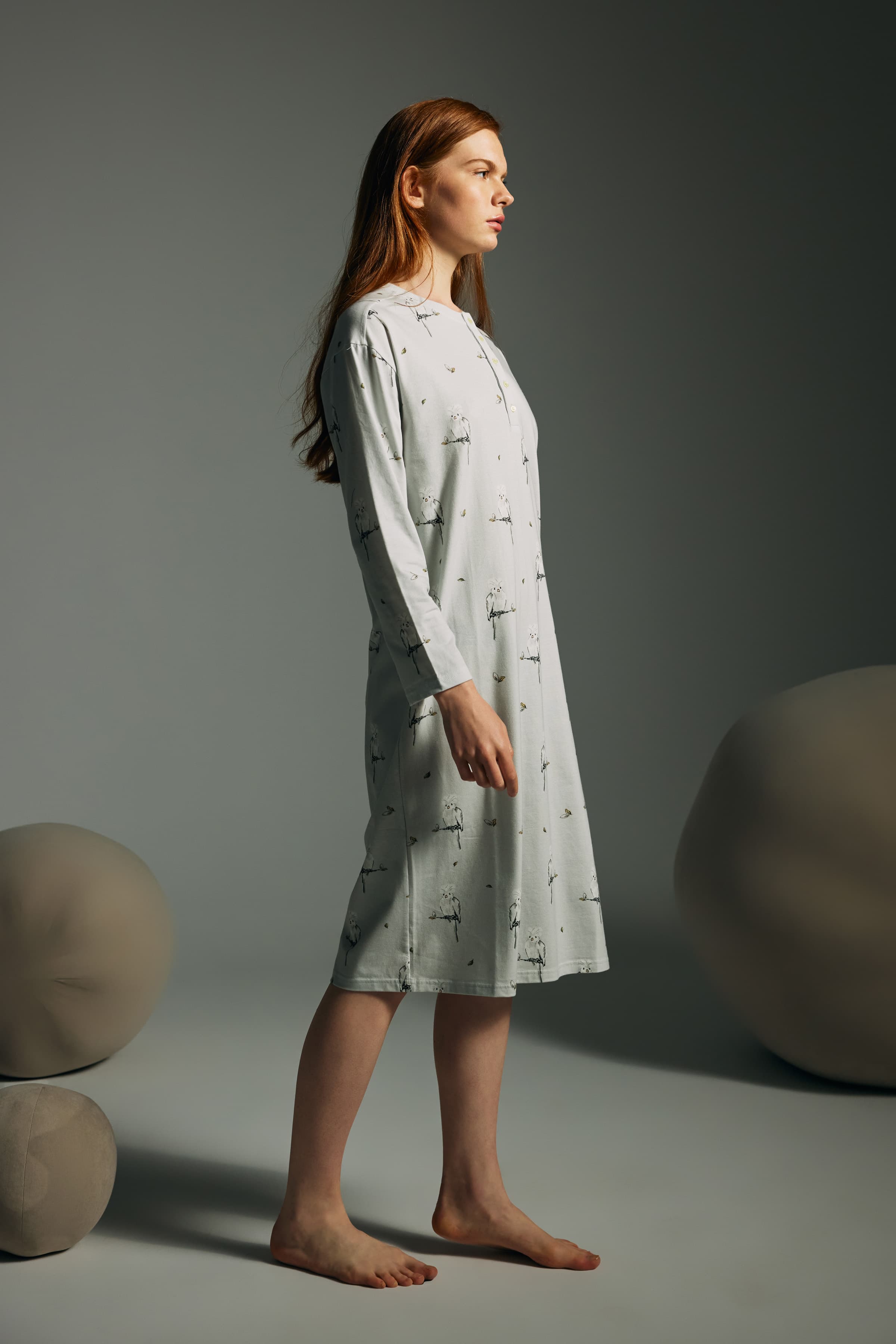 Women's Grey Printed Cotton Nightgown — view 1