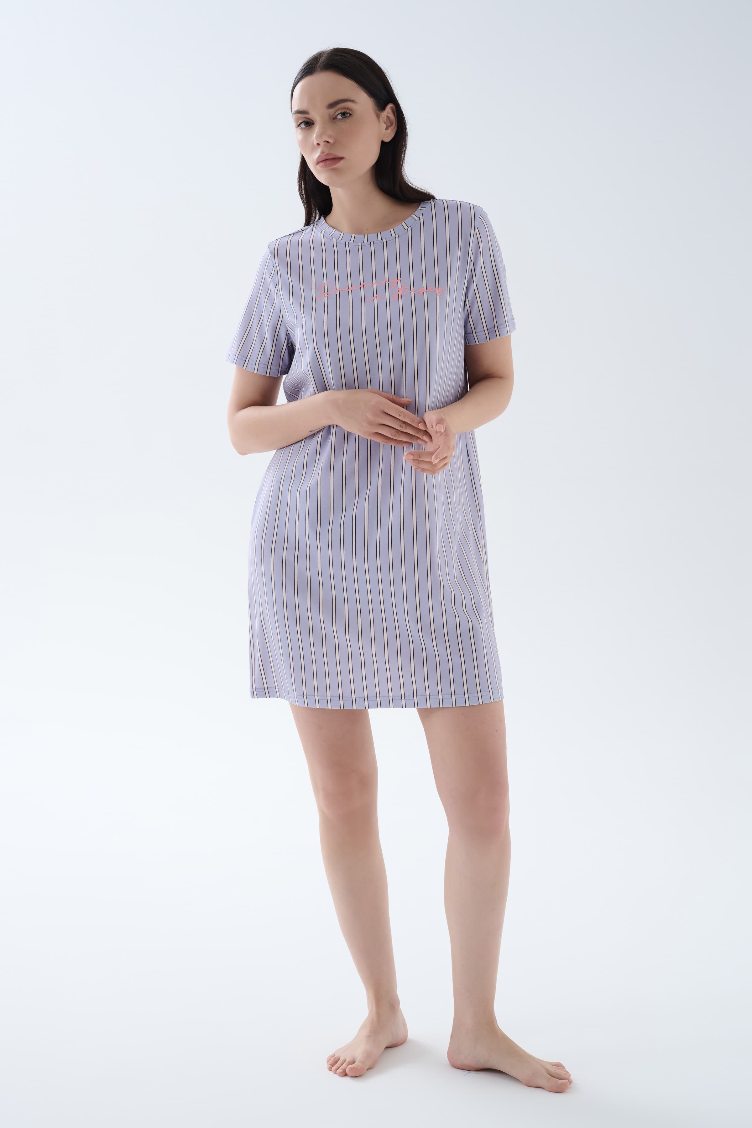 Women's Purple Striped Cotton Nightgown — view 1