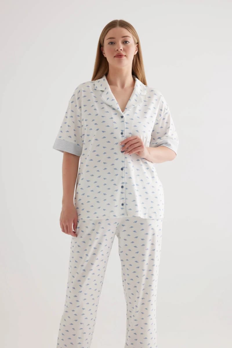 Women's Blue Printed Cotton Pajama Set — view 1