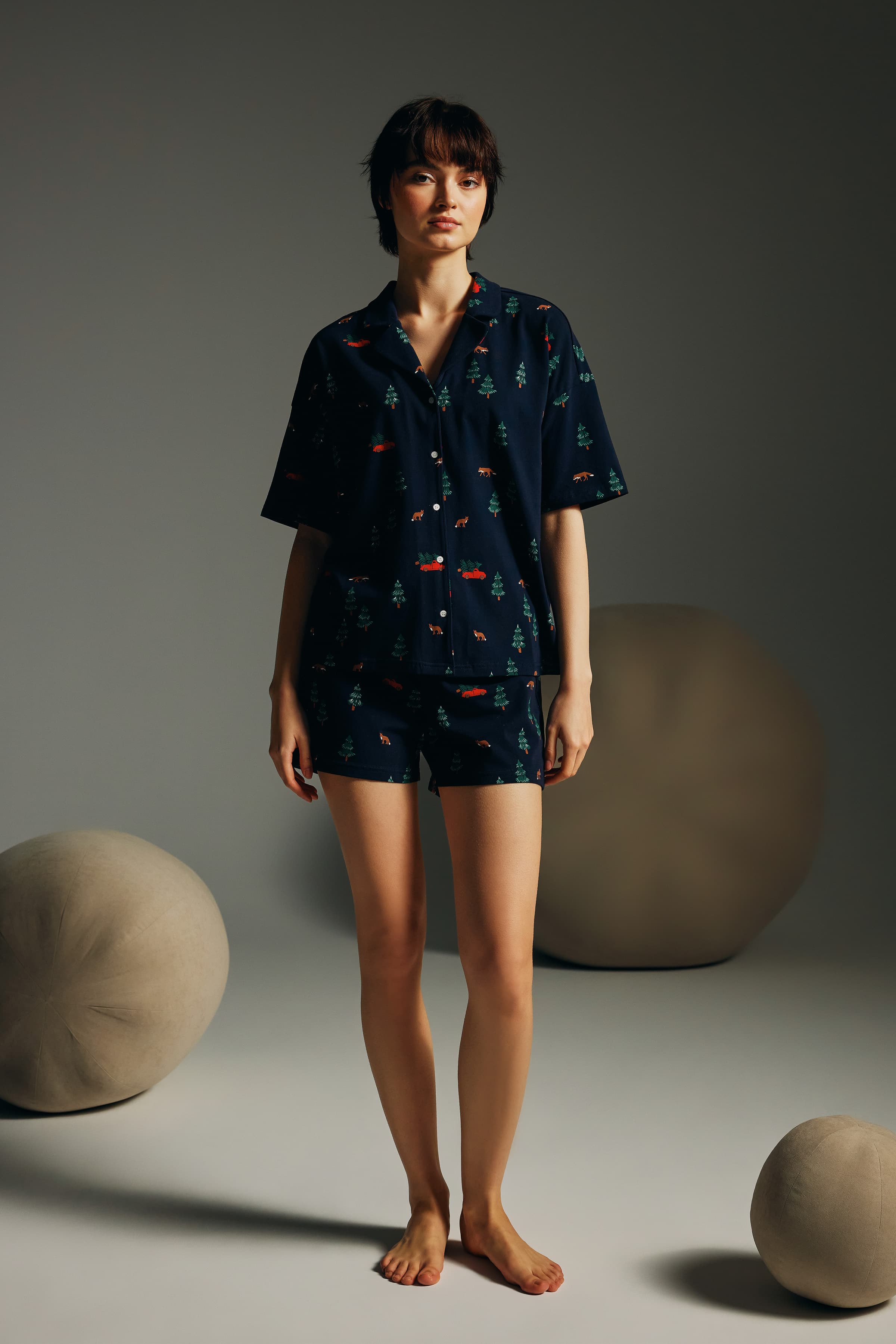 Women's Green Printed Cotton Pajama Set — view 1