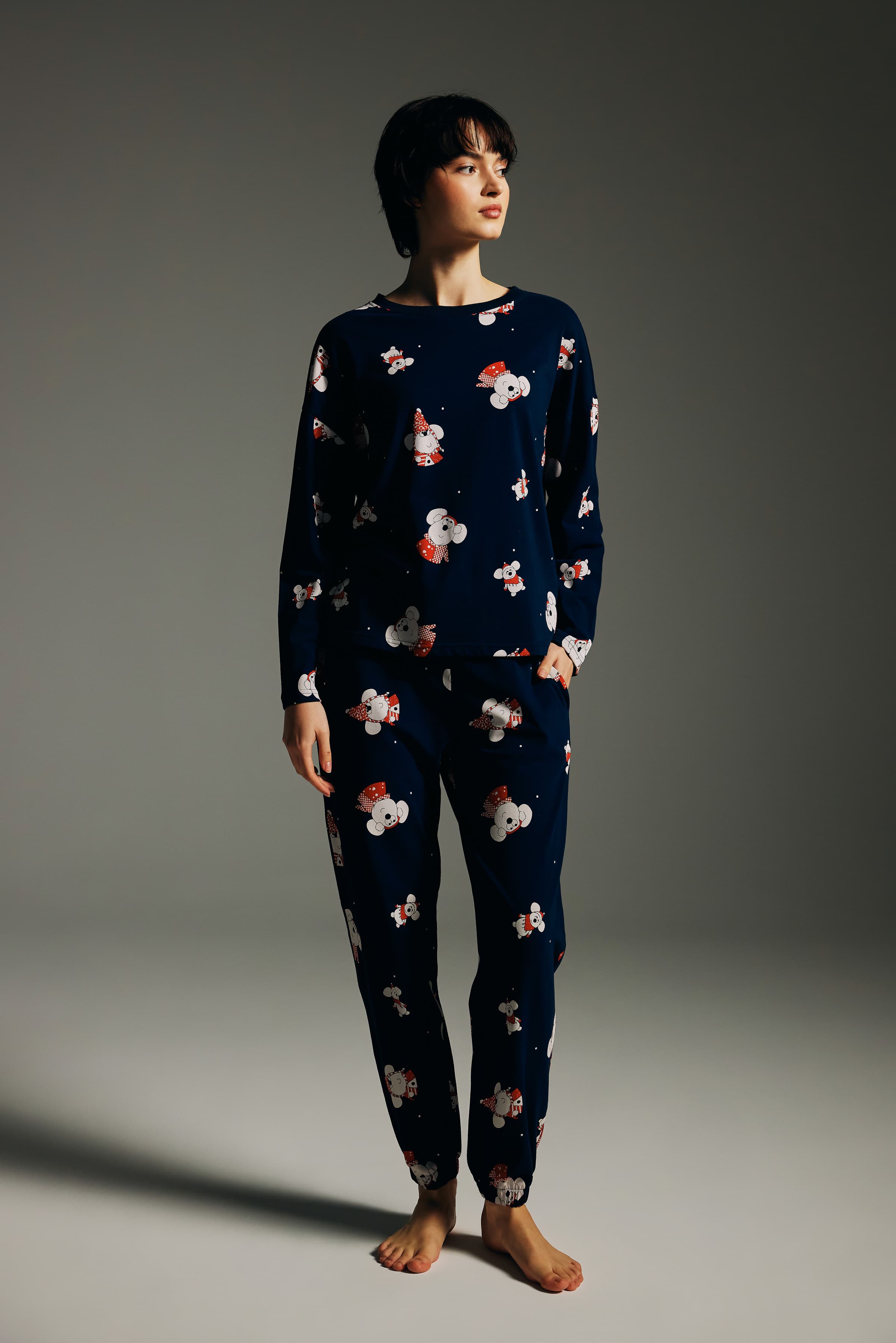 Women's Navy Printed Cotton Pajama Set — view 2