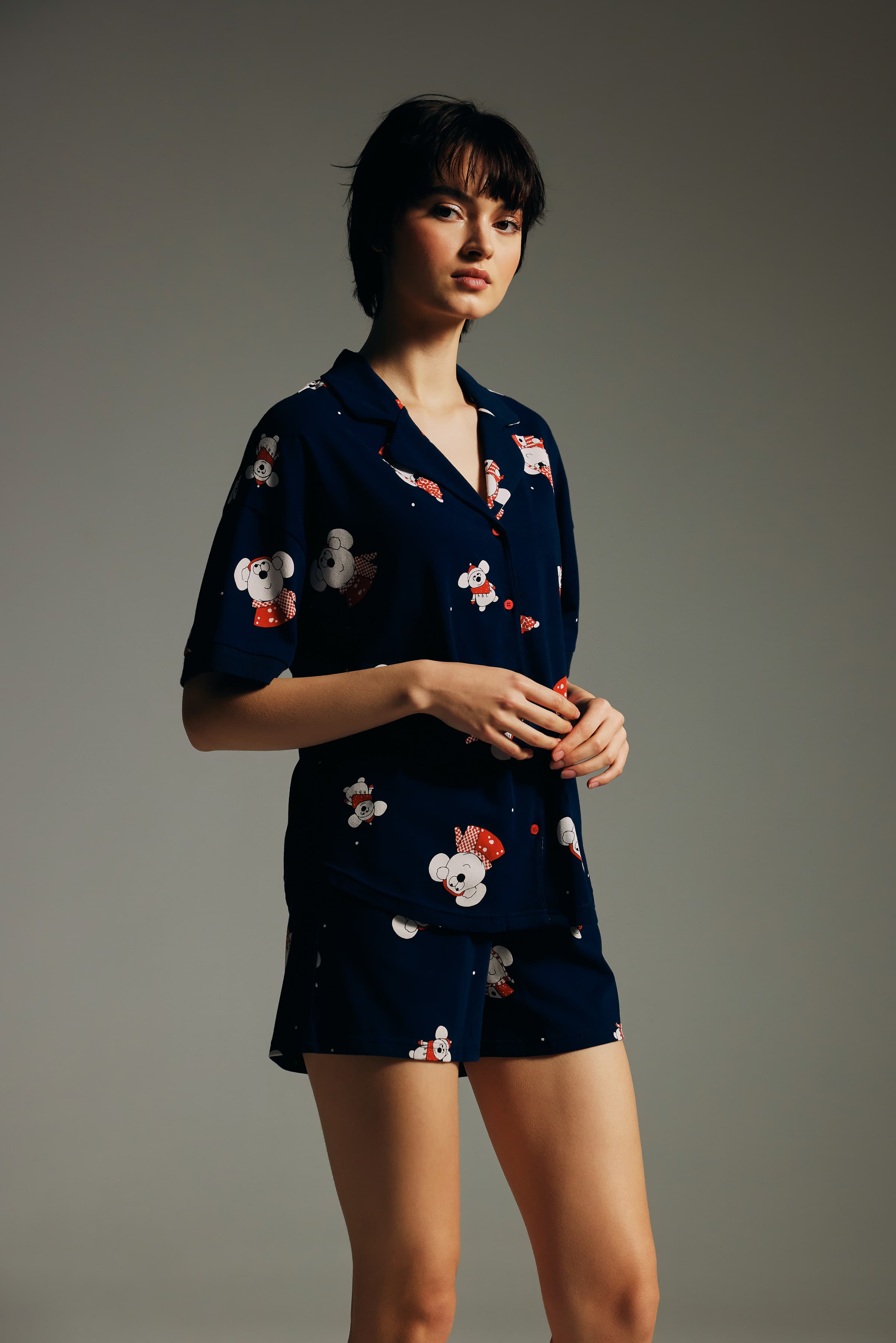Women's Navy Printed Cotton Pajama Set — view 3