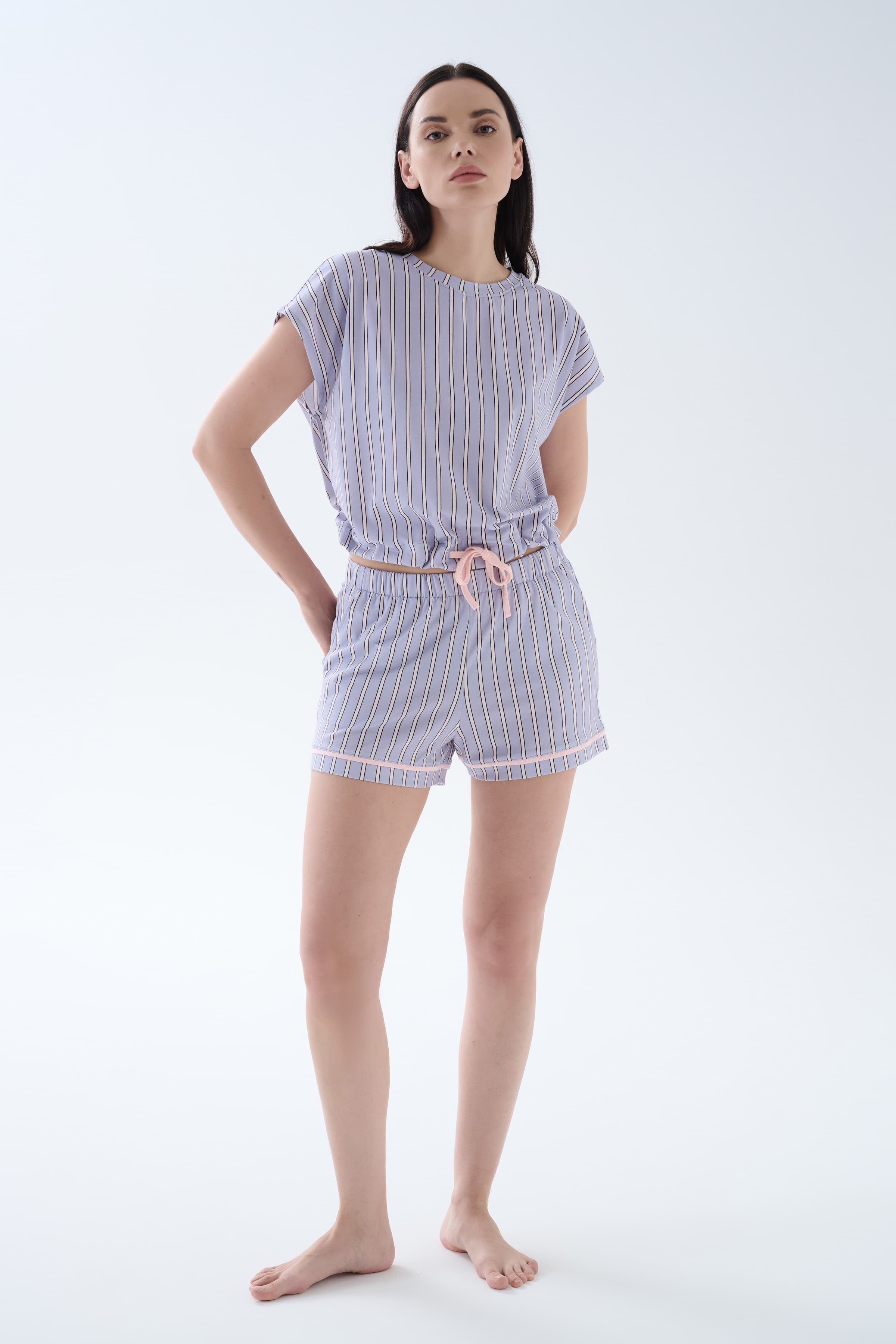Women's Purple Striped Cotton Pajama Set — view 3