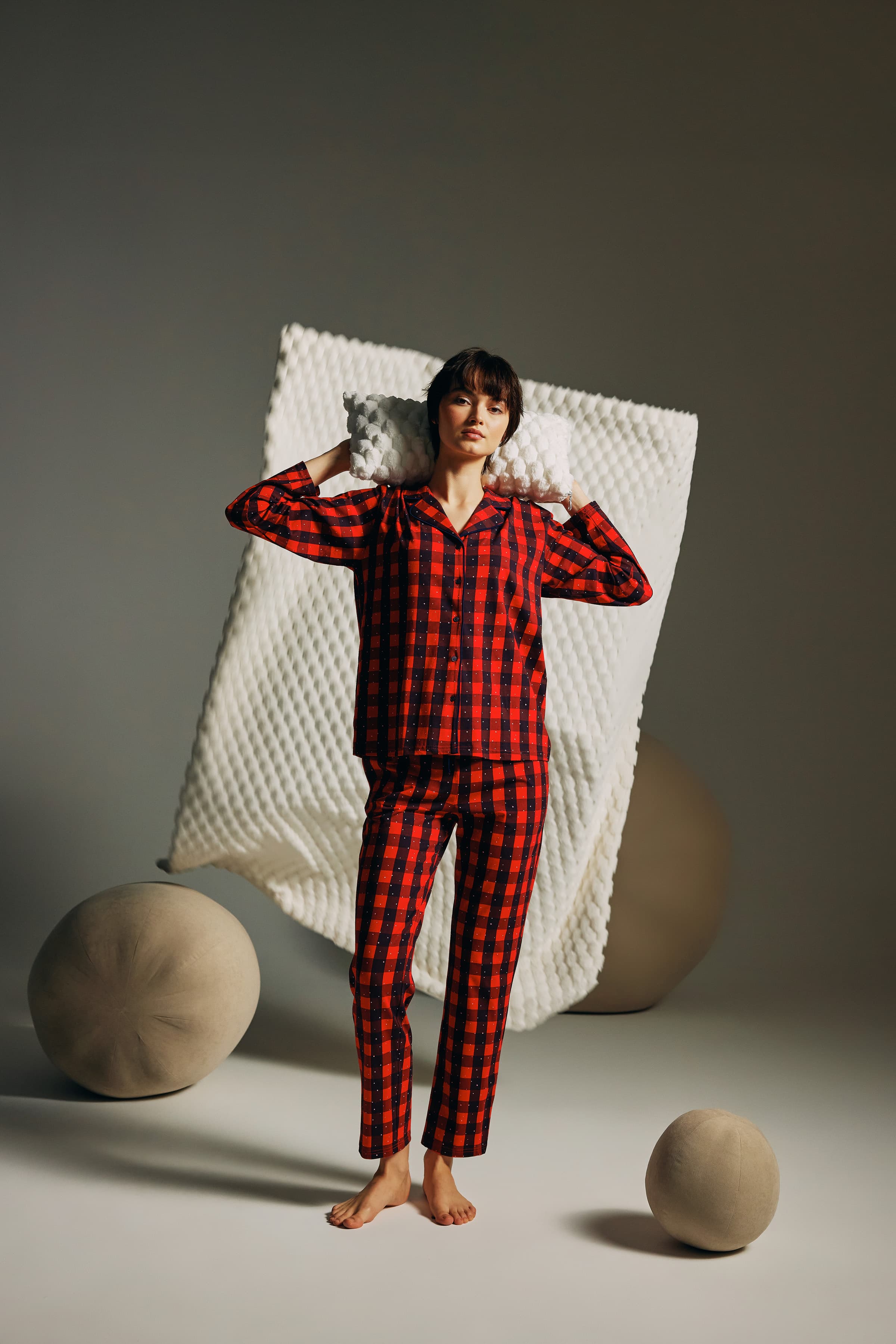 Women's Red Plaid Cotton Pajama Set — view 1