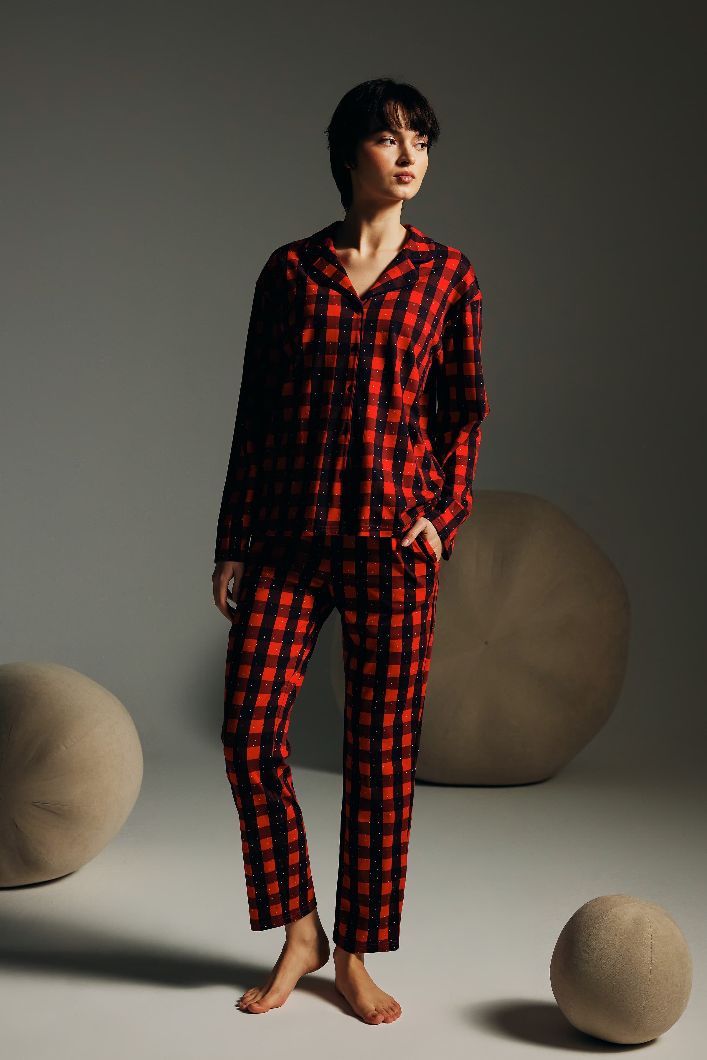 Women's Red Plaid Cotton Pajama Set — view 3