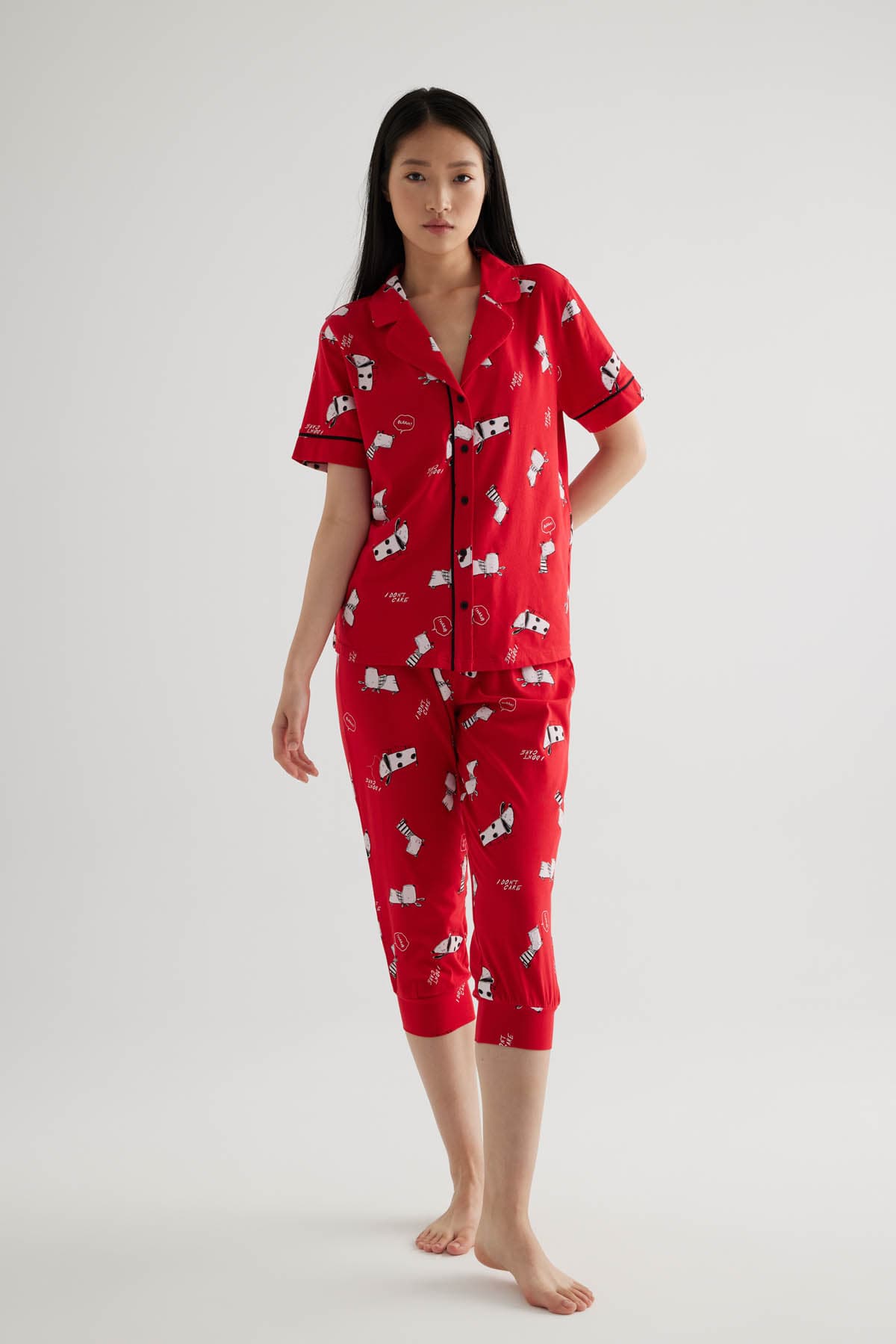Women's Red Printed Cotton Pajama Set — view 1