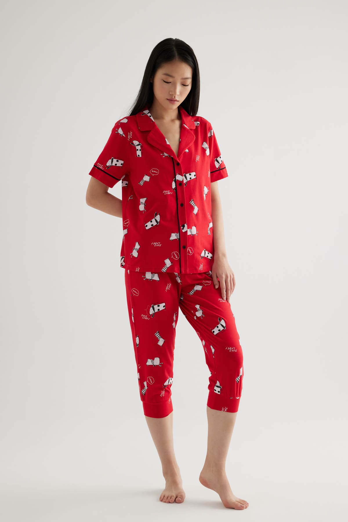 Women's Red Printed Cotton Pajama Set — view 2