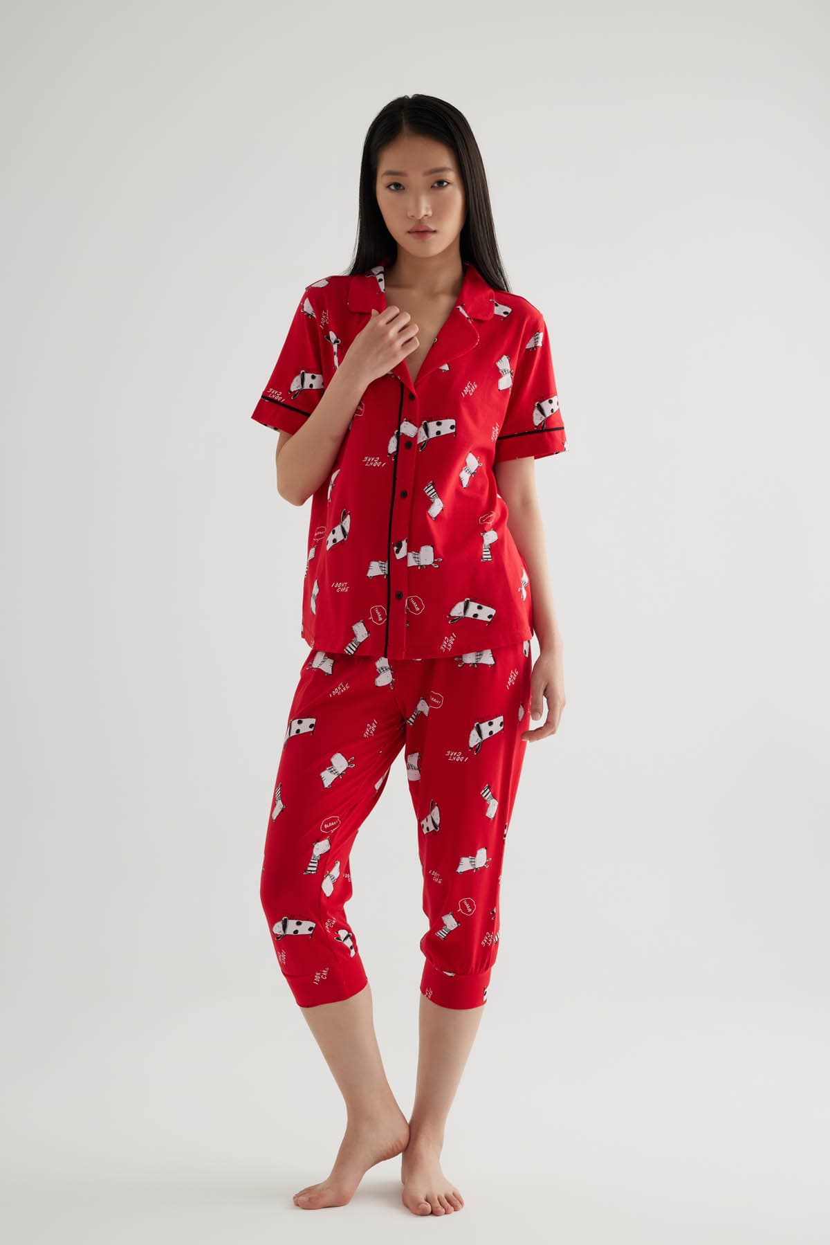 Women's Red Printed Cotton Pajama Set — view 3
