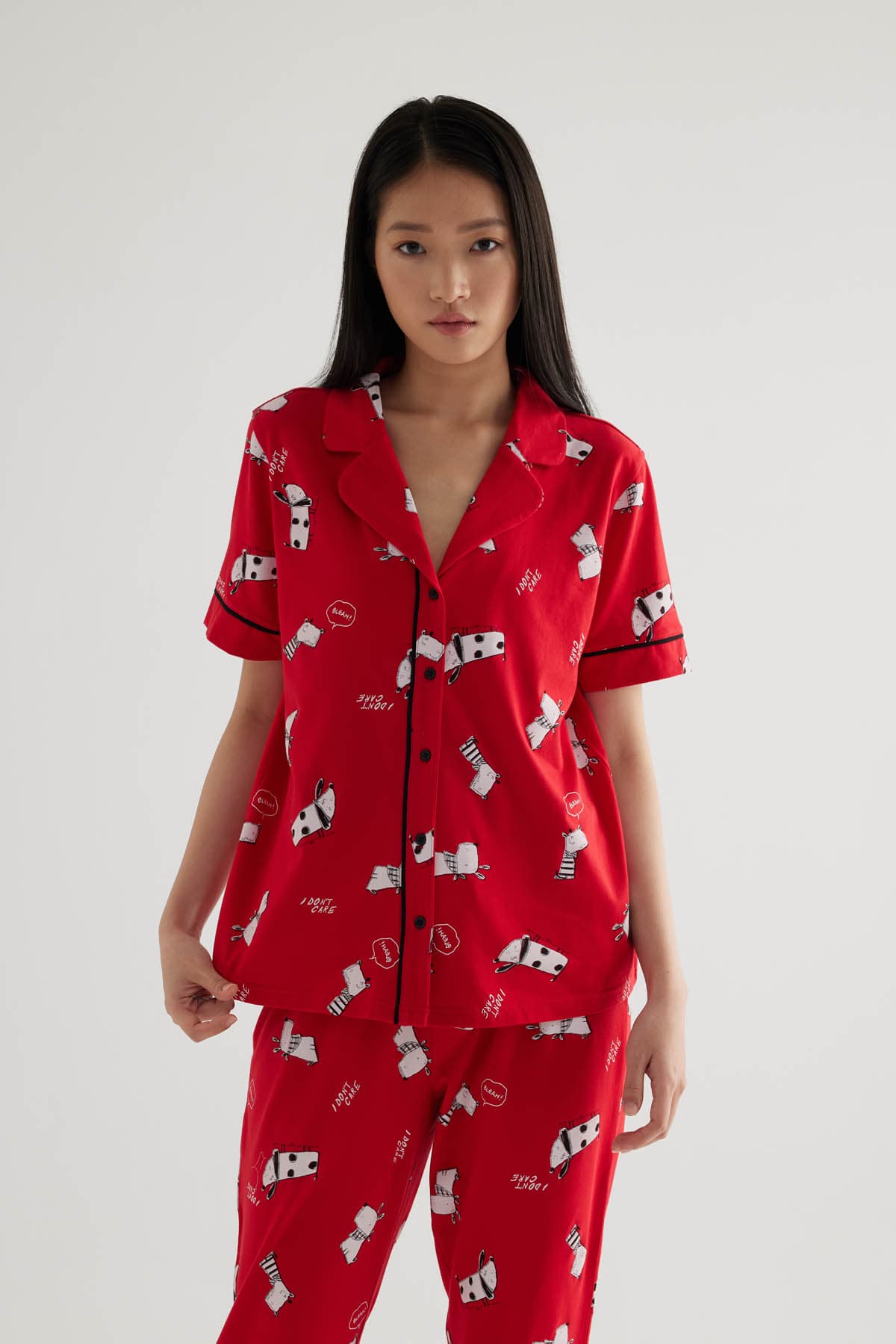 Women's Red Printed Cotton Pajama Set — view 4