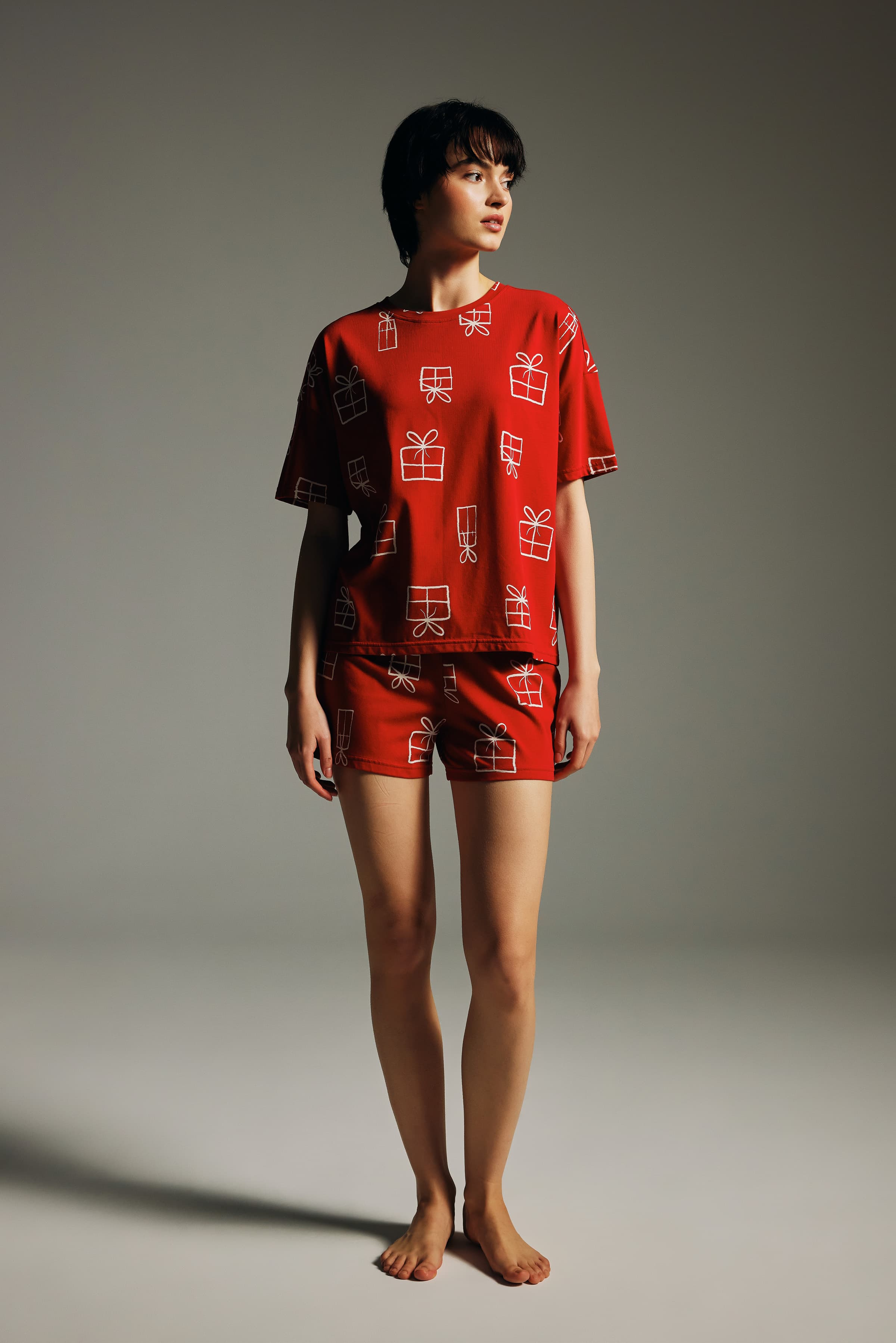 Women's Red Printed Cotton Pajama Set — view 1