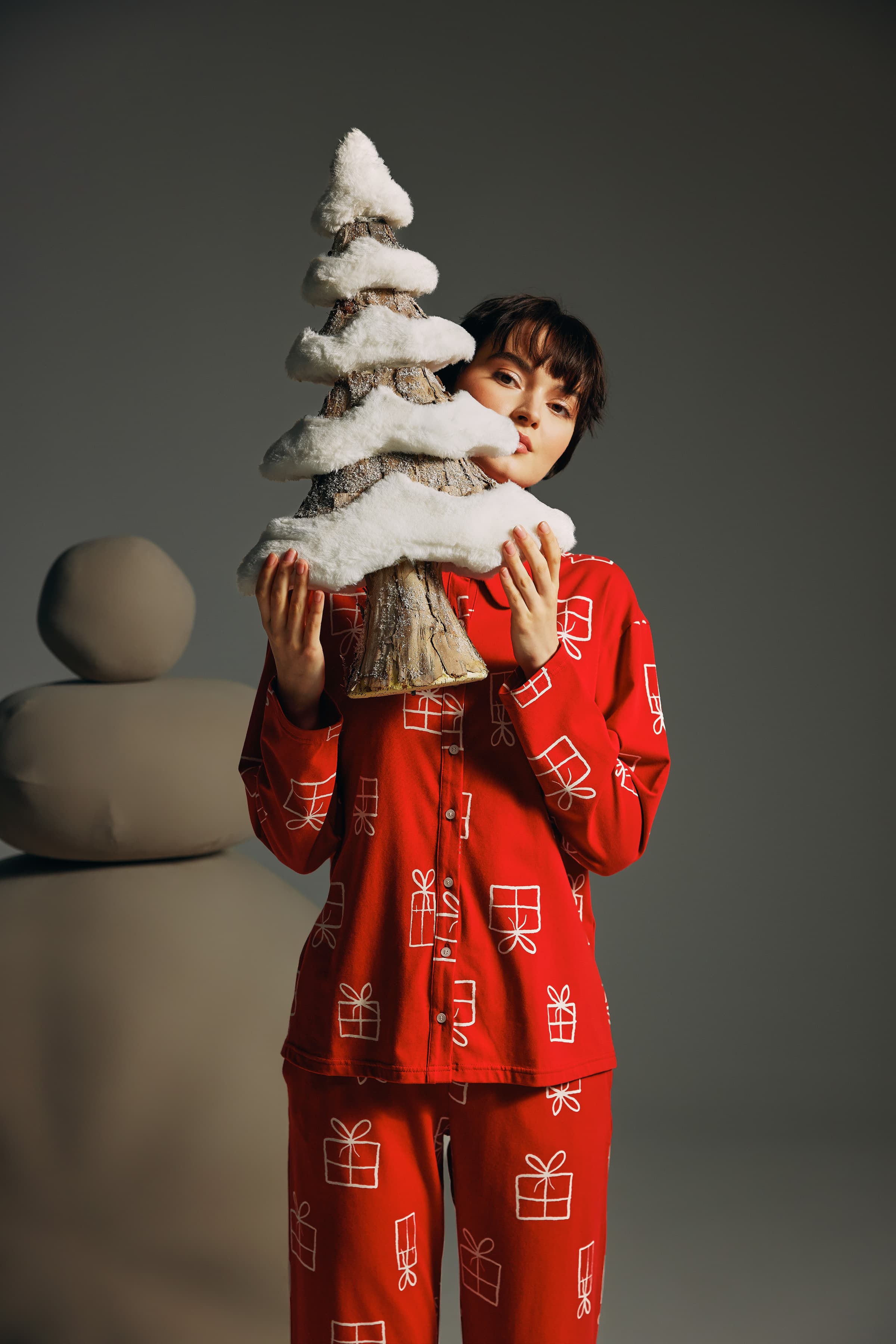 Women's Red Printed Cotton Pajama Set — view 1