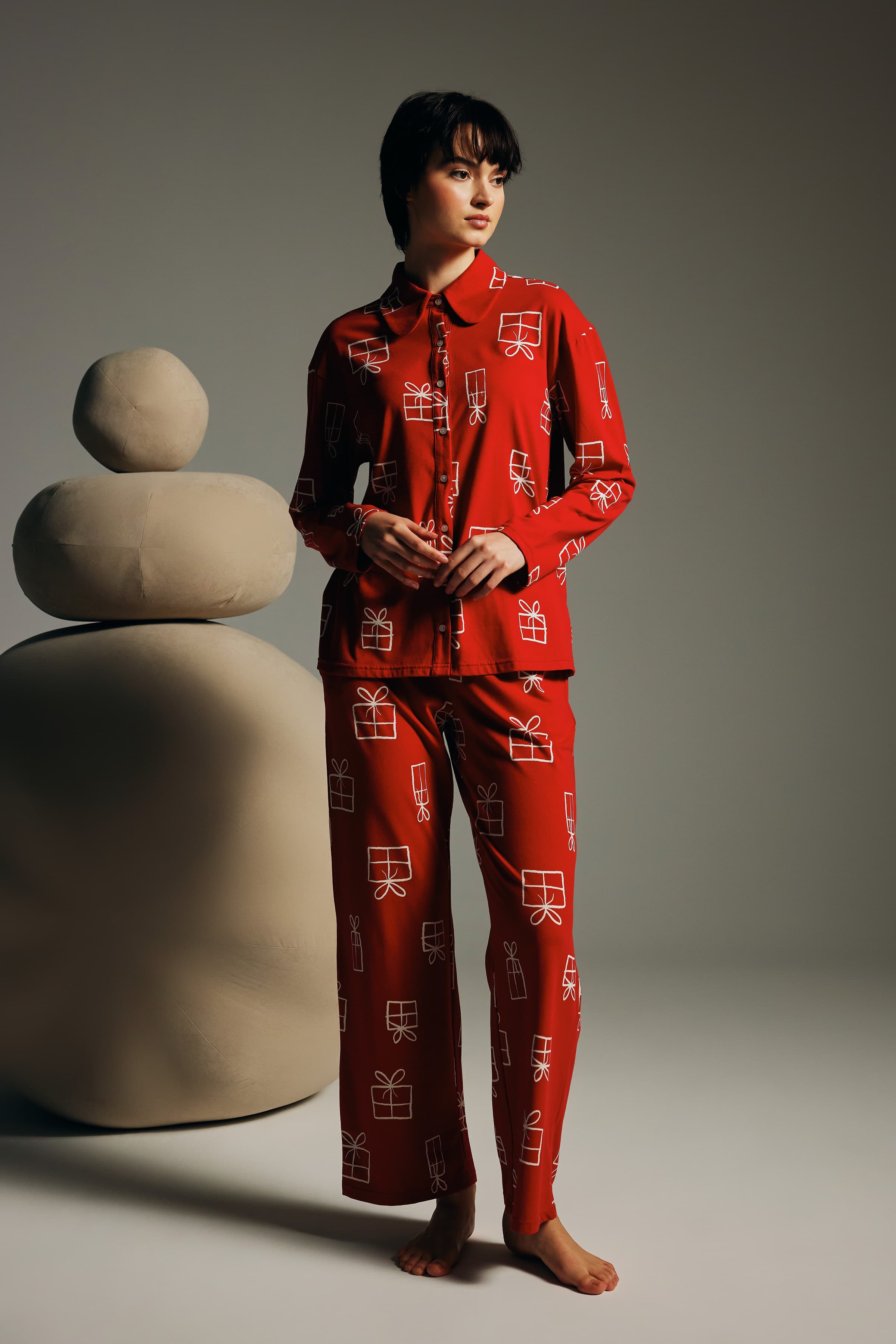 Women's Red Printed Cotton Pajama Set — view 4