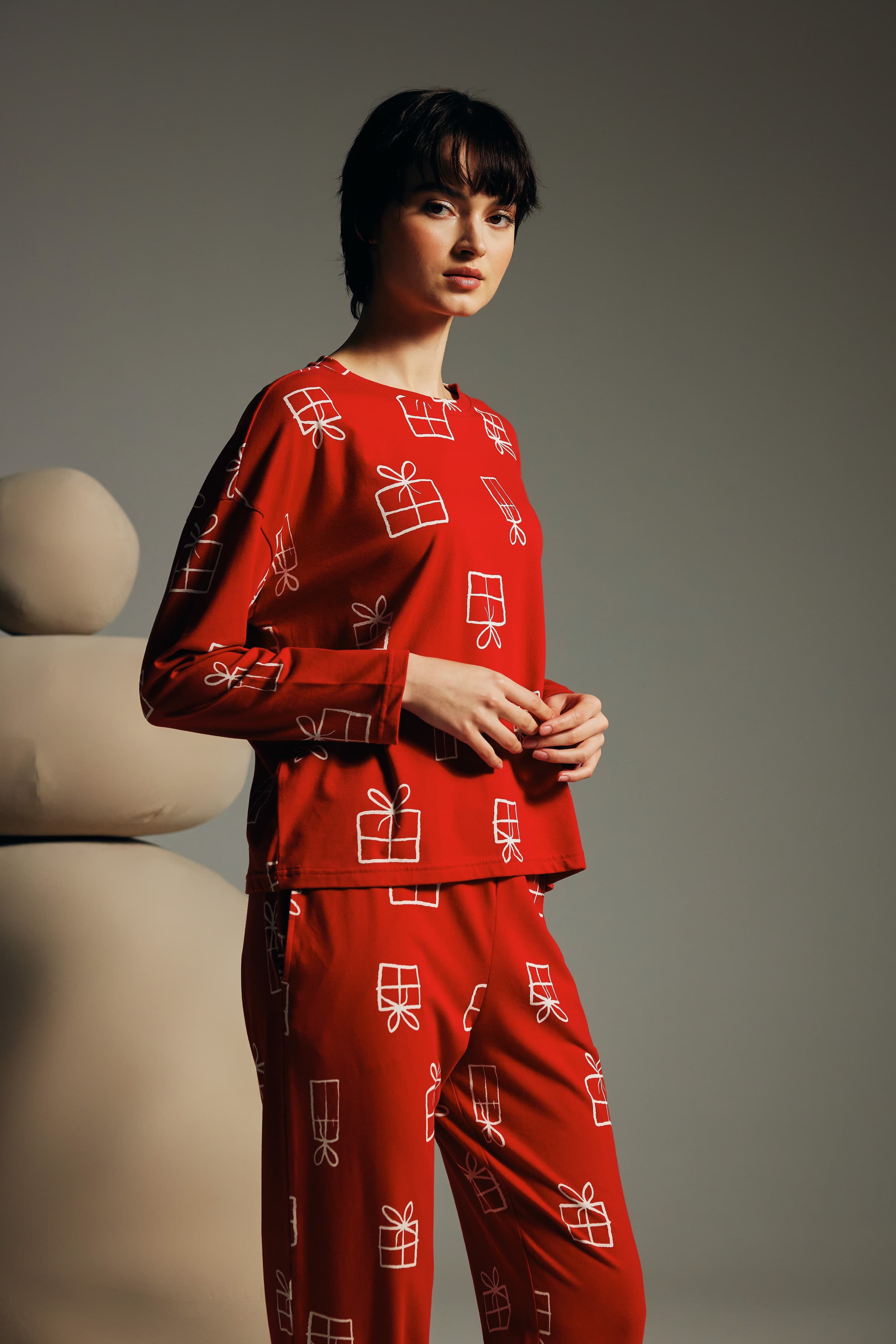 Women's Red Printed Cotton Pajama Set — view 4