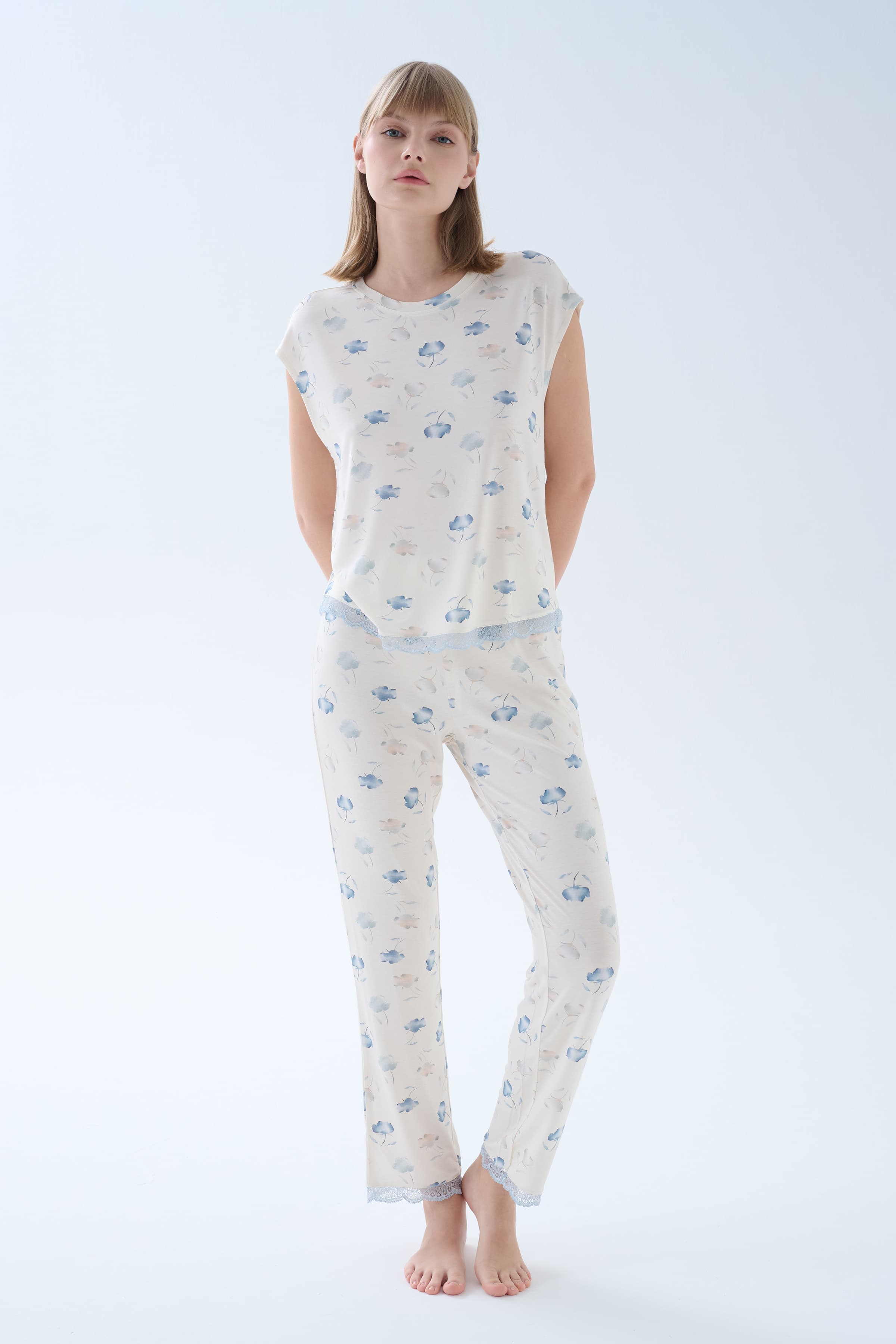 Women's Blue Floral Viscose Pajama Set — view 1