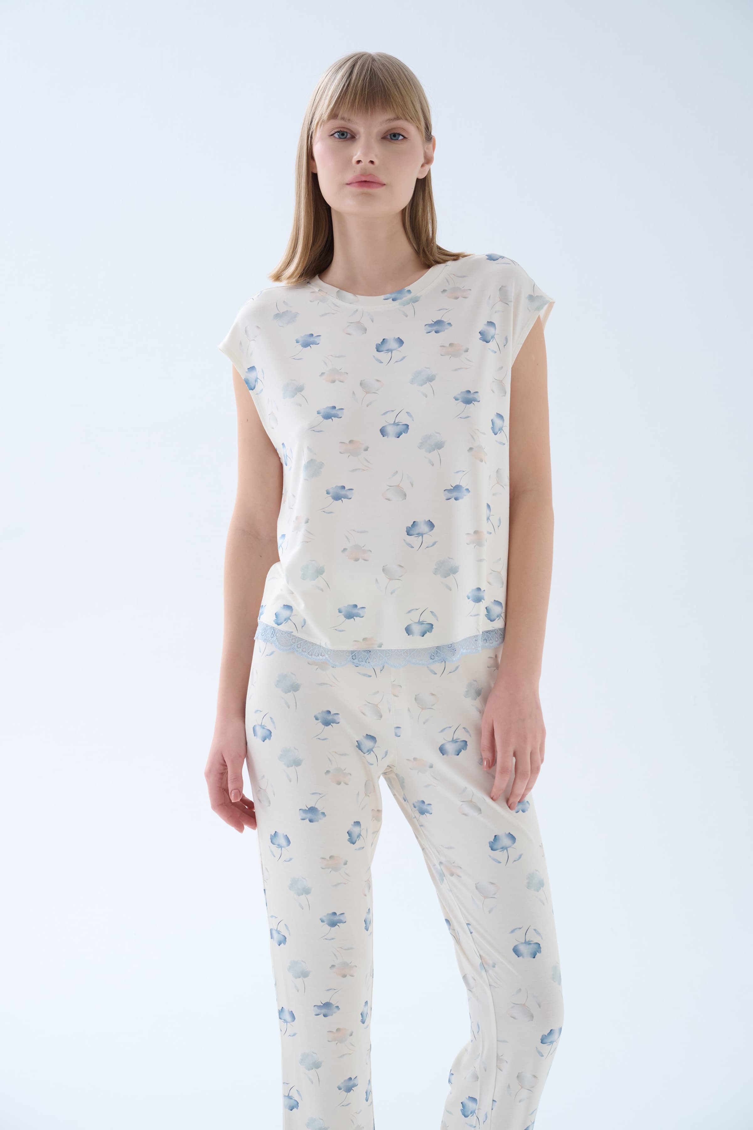 Women's Blue Floral Viscose Pajama Set — view 3