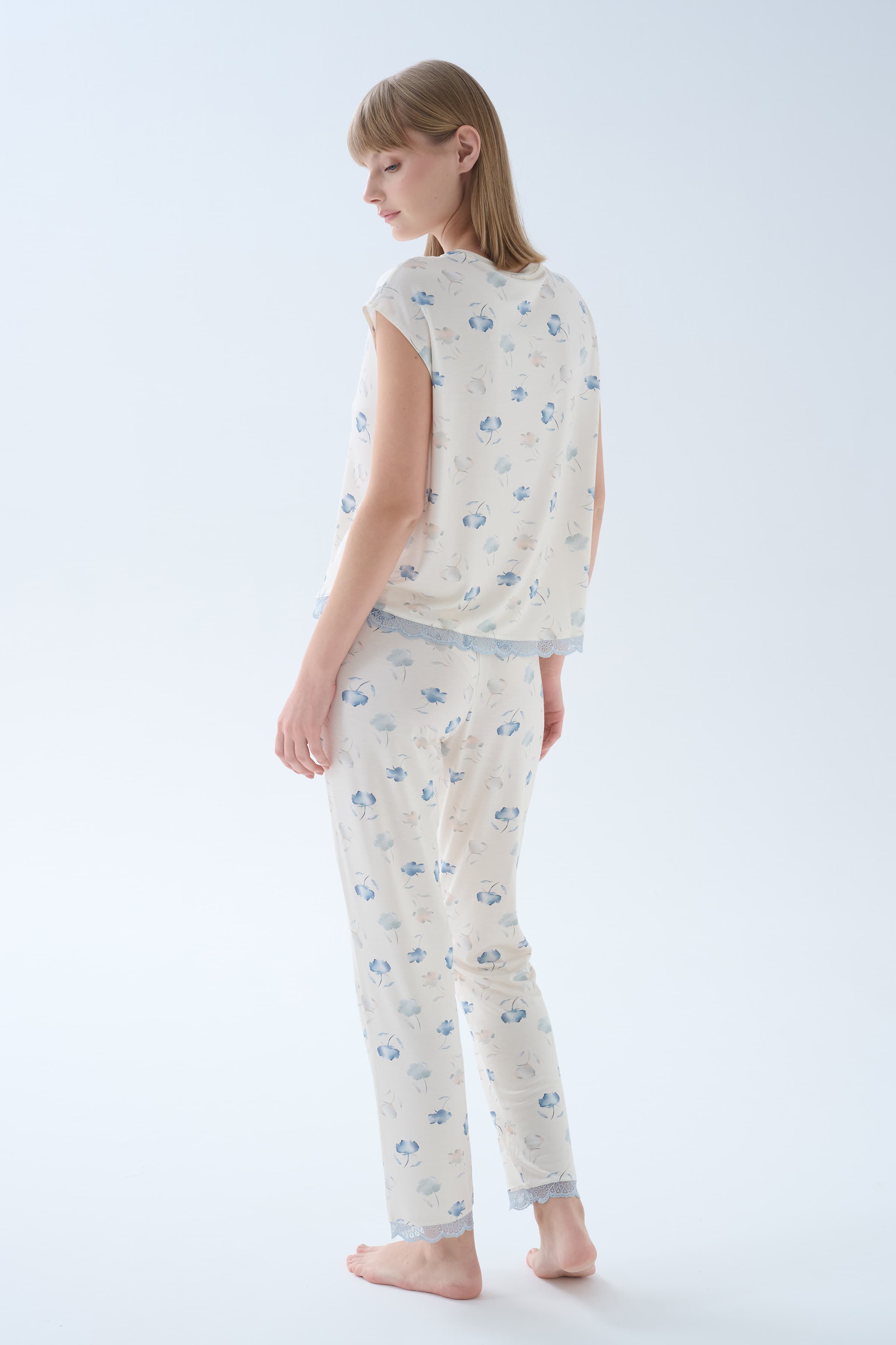 Women's Blue Floral Viscose Pajama Set — view 4
