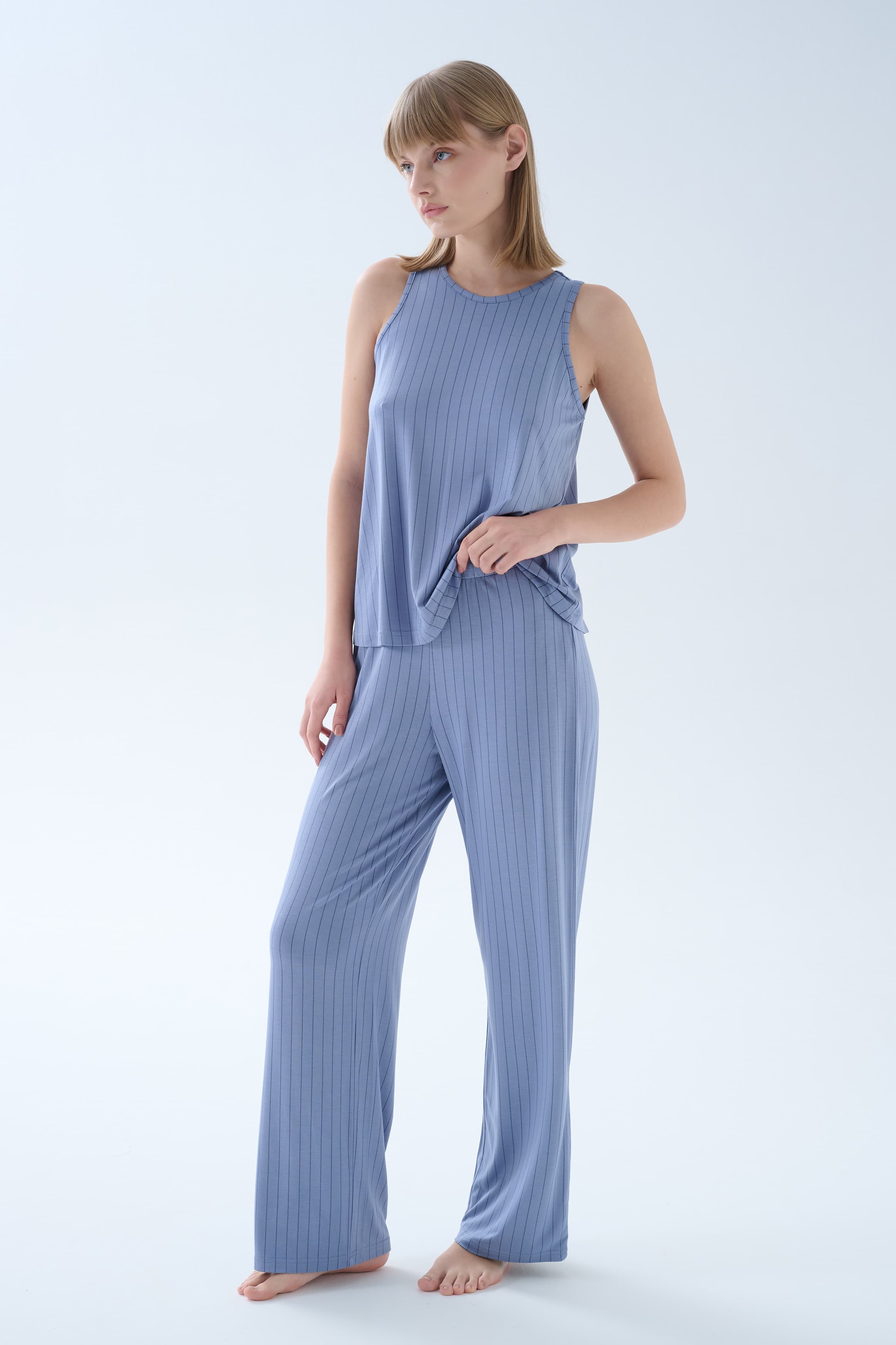 Women's Blue Striped Viscose Pajama Set — view 3