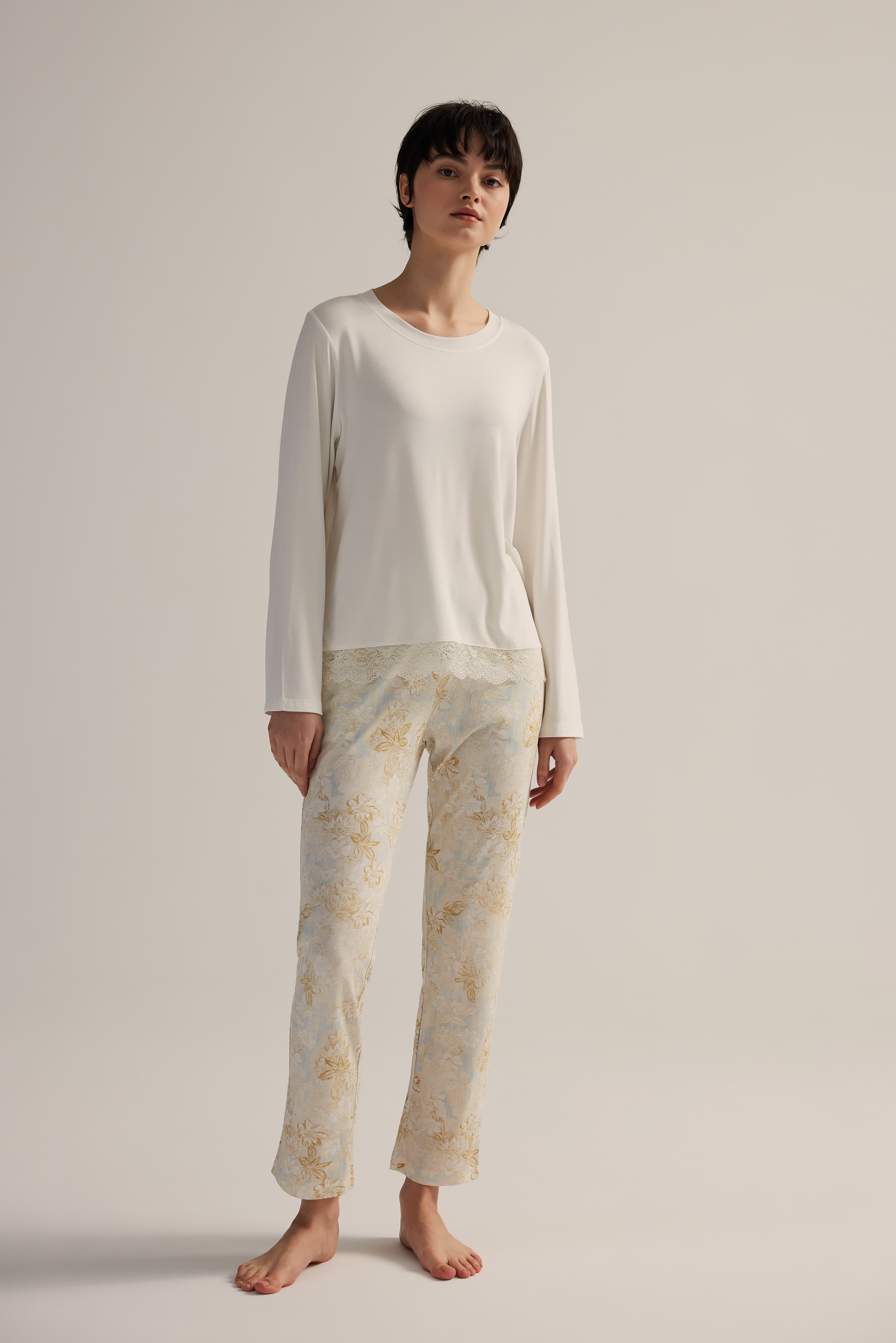 Women's Neutral Floral Viscose Pajama Set — view 4