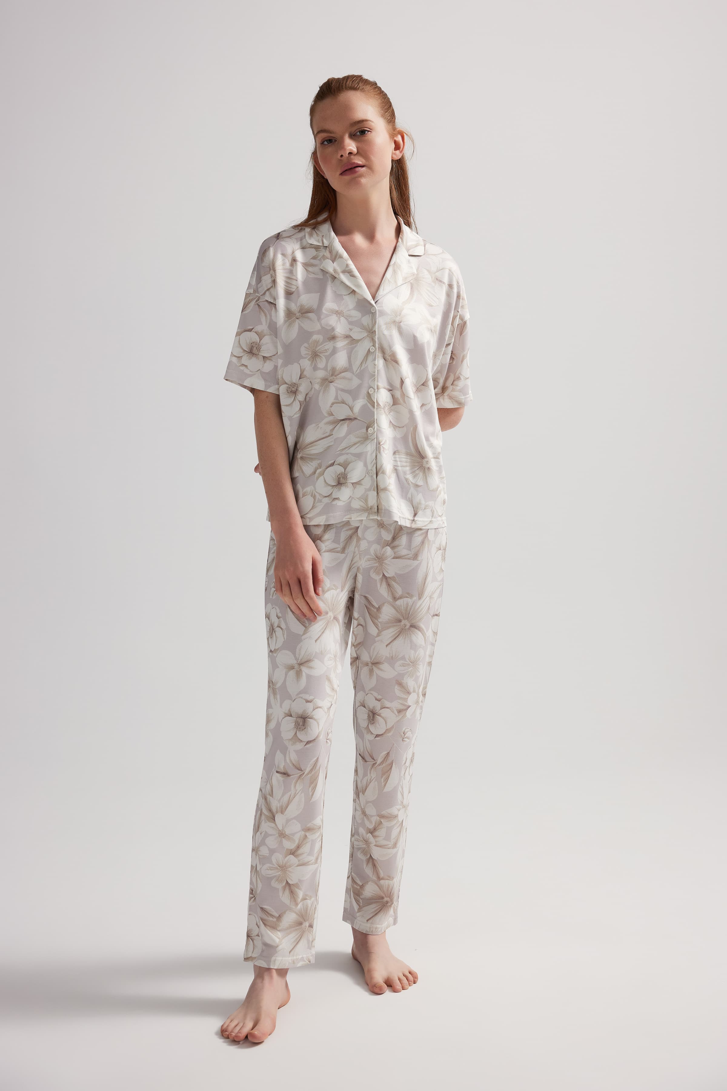 Women's Beige Floral Viscose Pajama Set — view 2