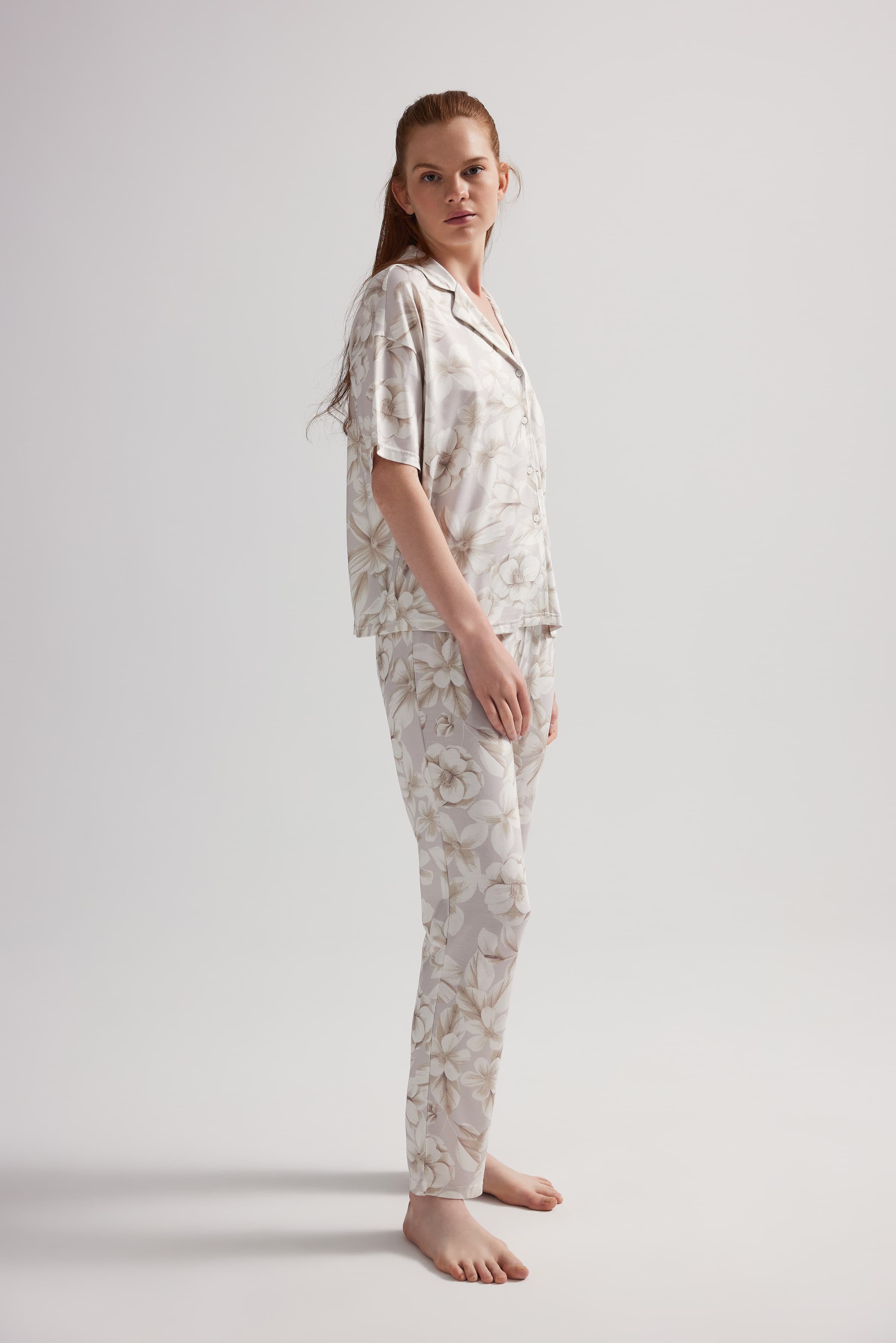 Women's Beige Floral Viscose Pajama Set — view 3