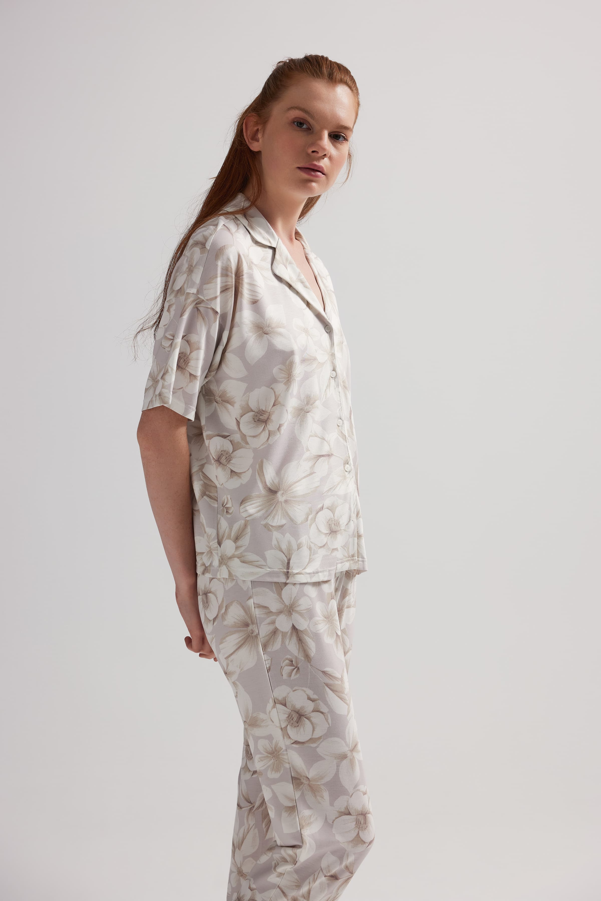 Women's Beige Floral Viscose Pajama Set — view 4